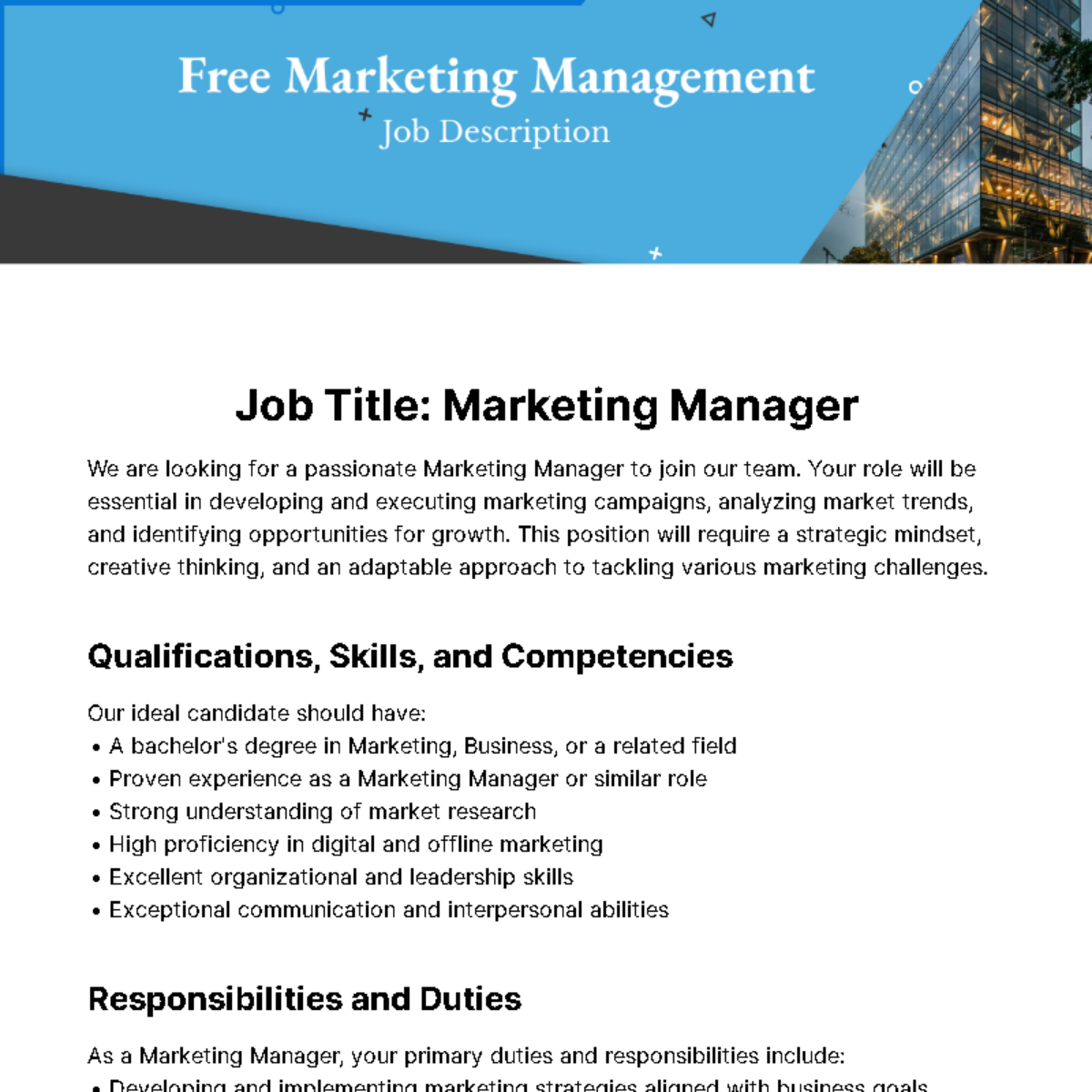 Marketing Management Job Description Template