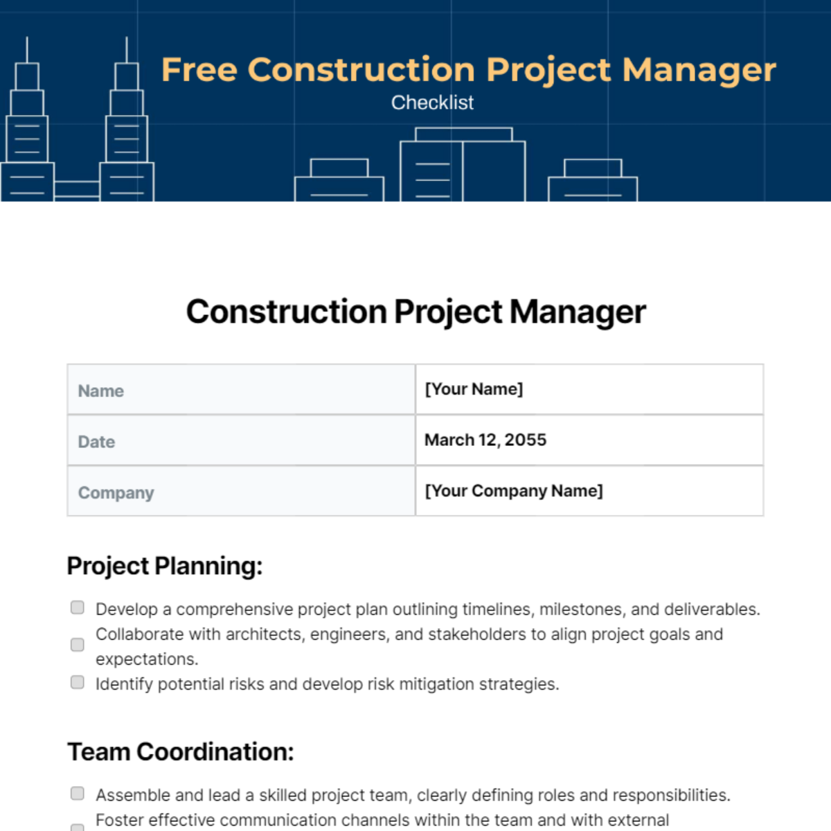 Construction Project Manager Checklist Template