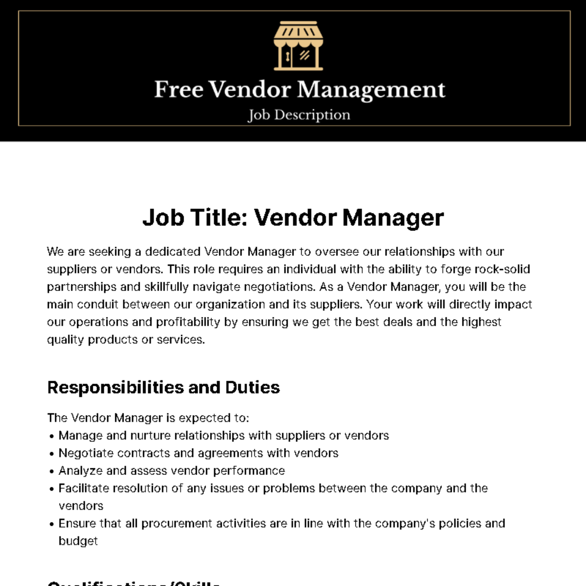 Vendor Management Job Description Template