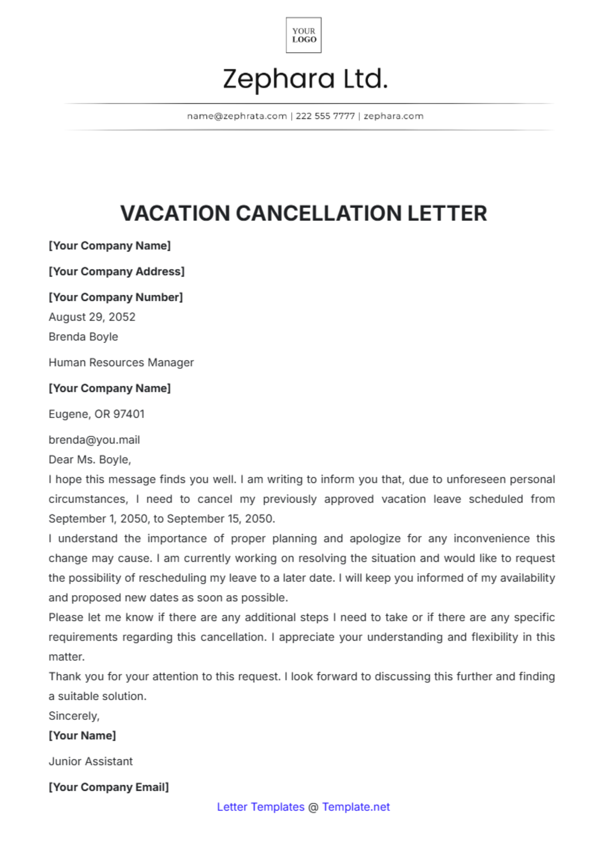 Vacation Cancellation Letter Template