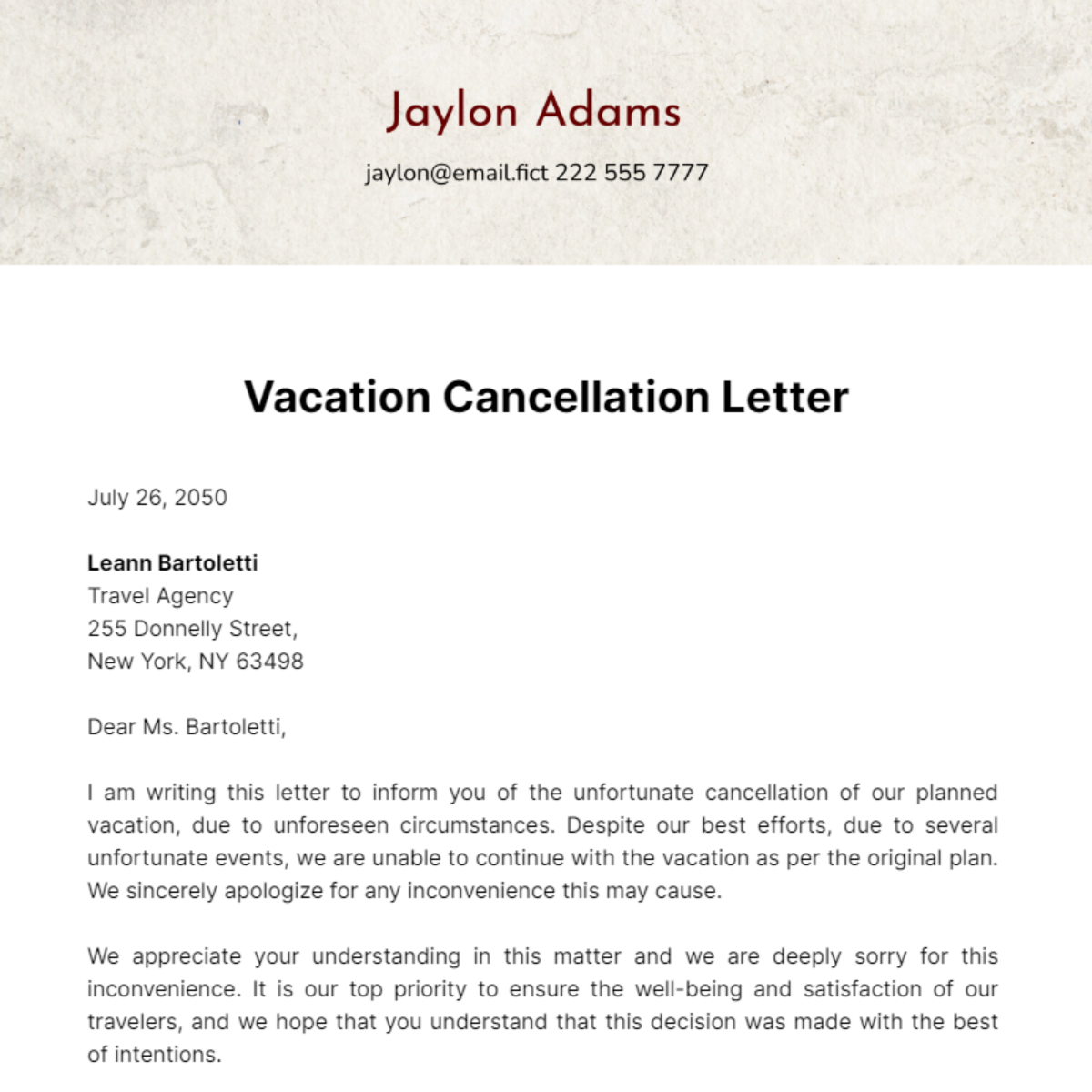 Vacation Cancellation Letter Template