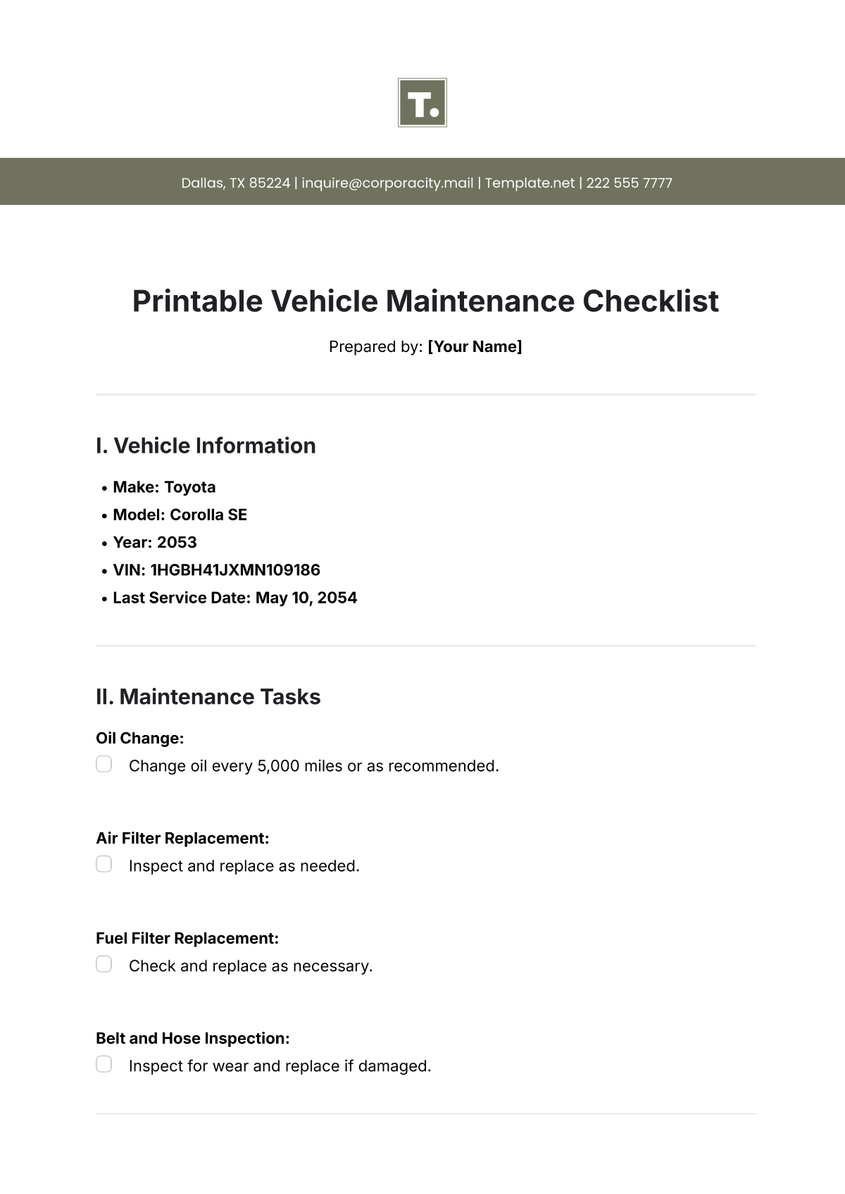 Printable Vehicle Maintenance Checklist Template - Edit Online & Download