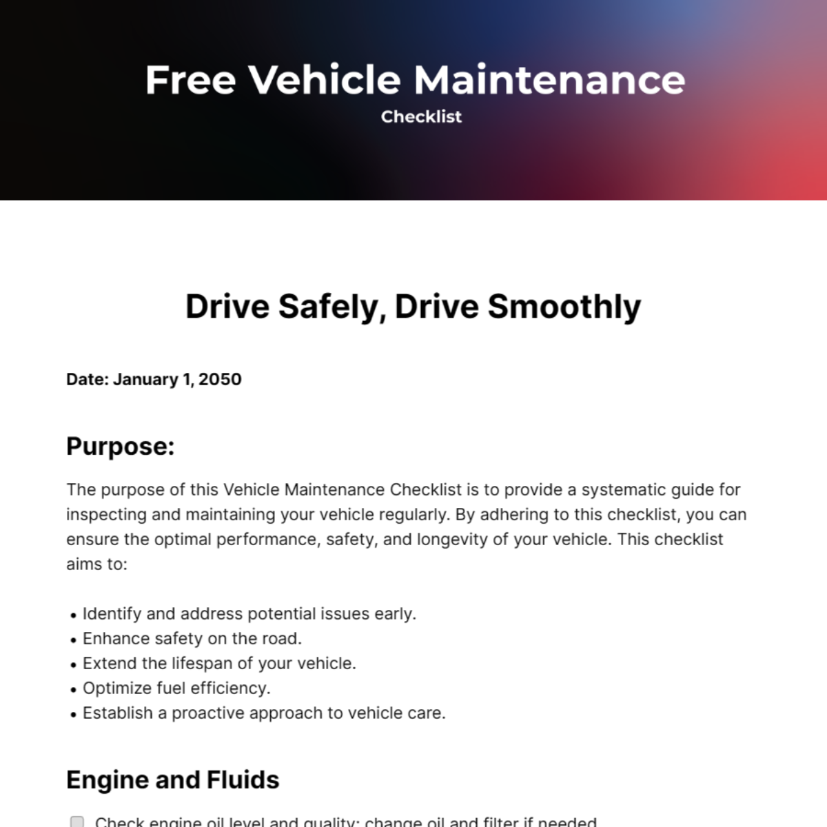 Free Vehicle Maintenance Checklist Template