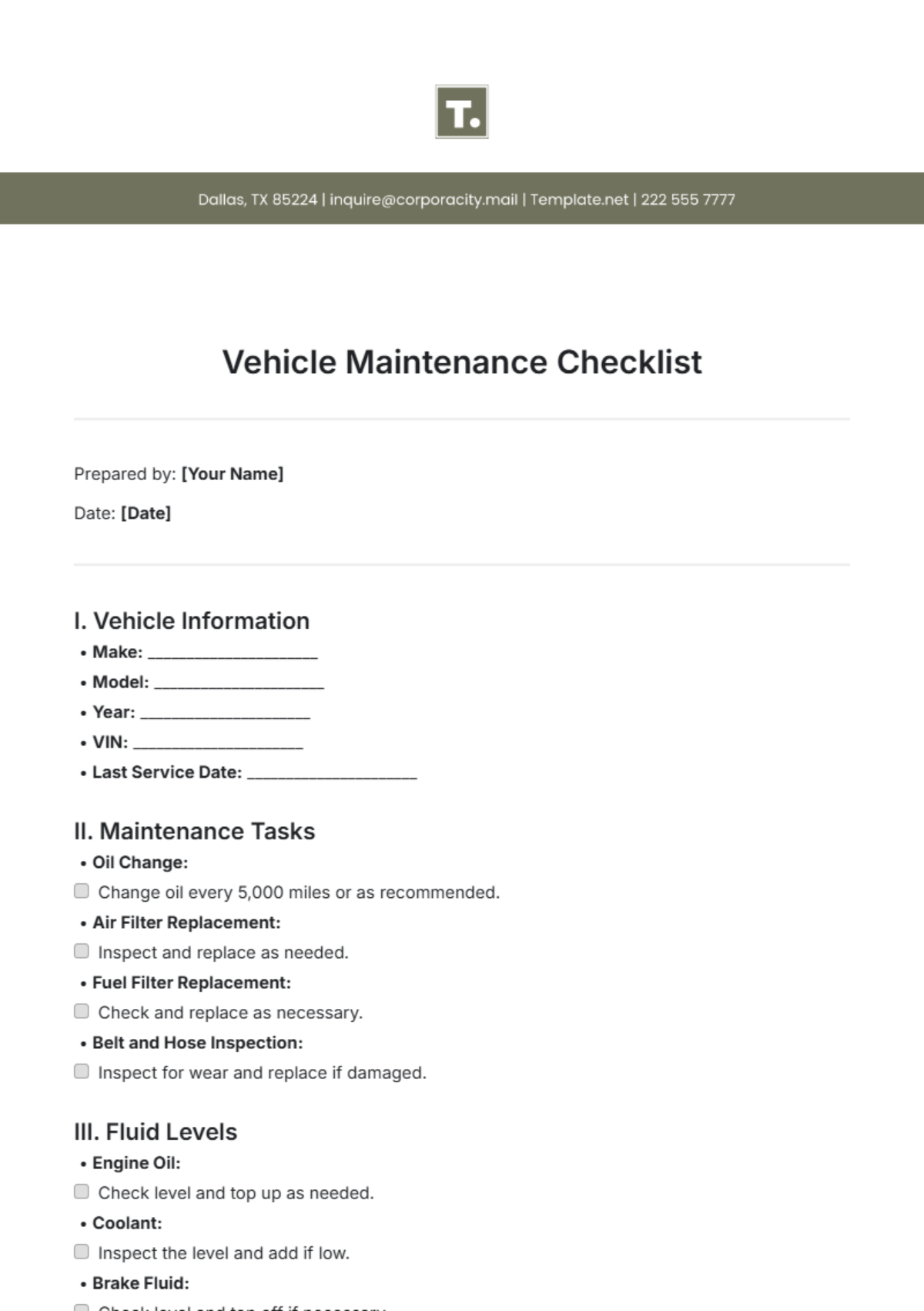 Vehicle Maintenance Checklist Template