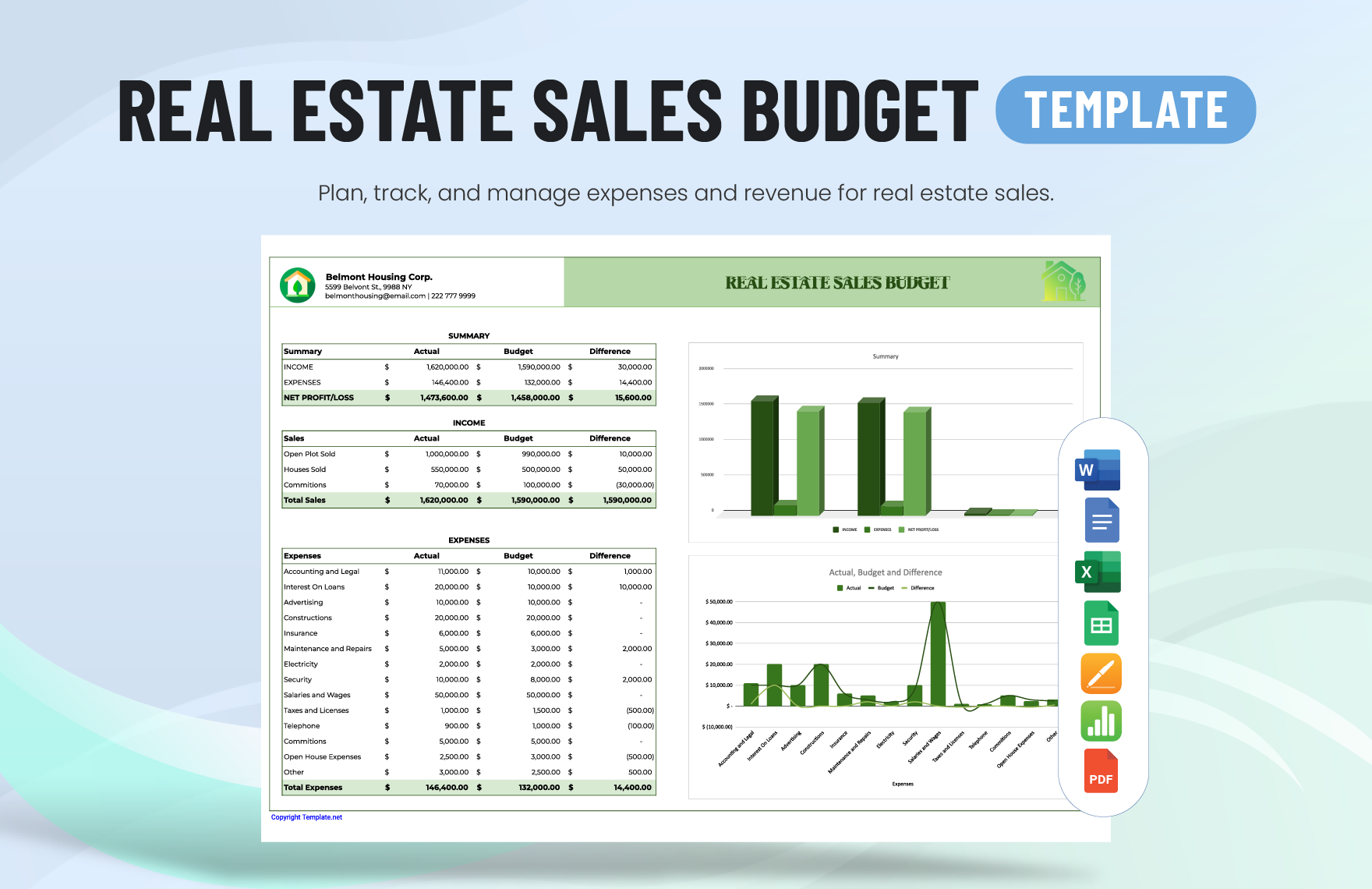 Real Estate Sales Budget Template in Word, Google Docs, Excel, PDF, Google Sheets, Apple Pages, Apple Numbers