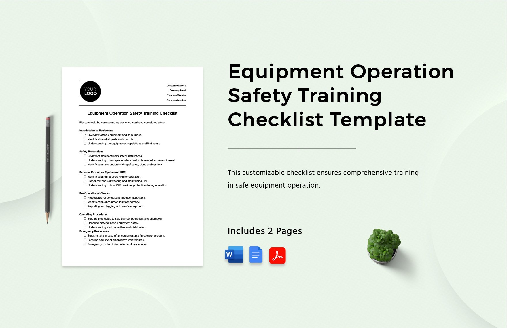 Equipment Operation Safety Training Checklist Template in Word, Google Docs, PDF