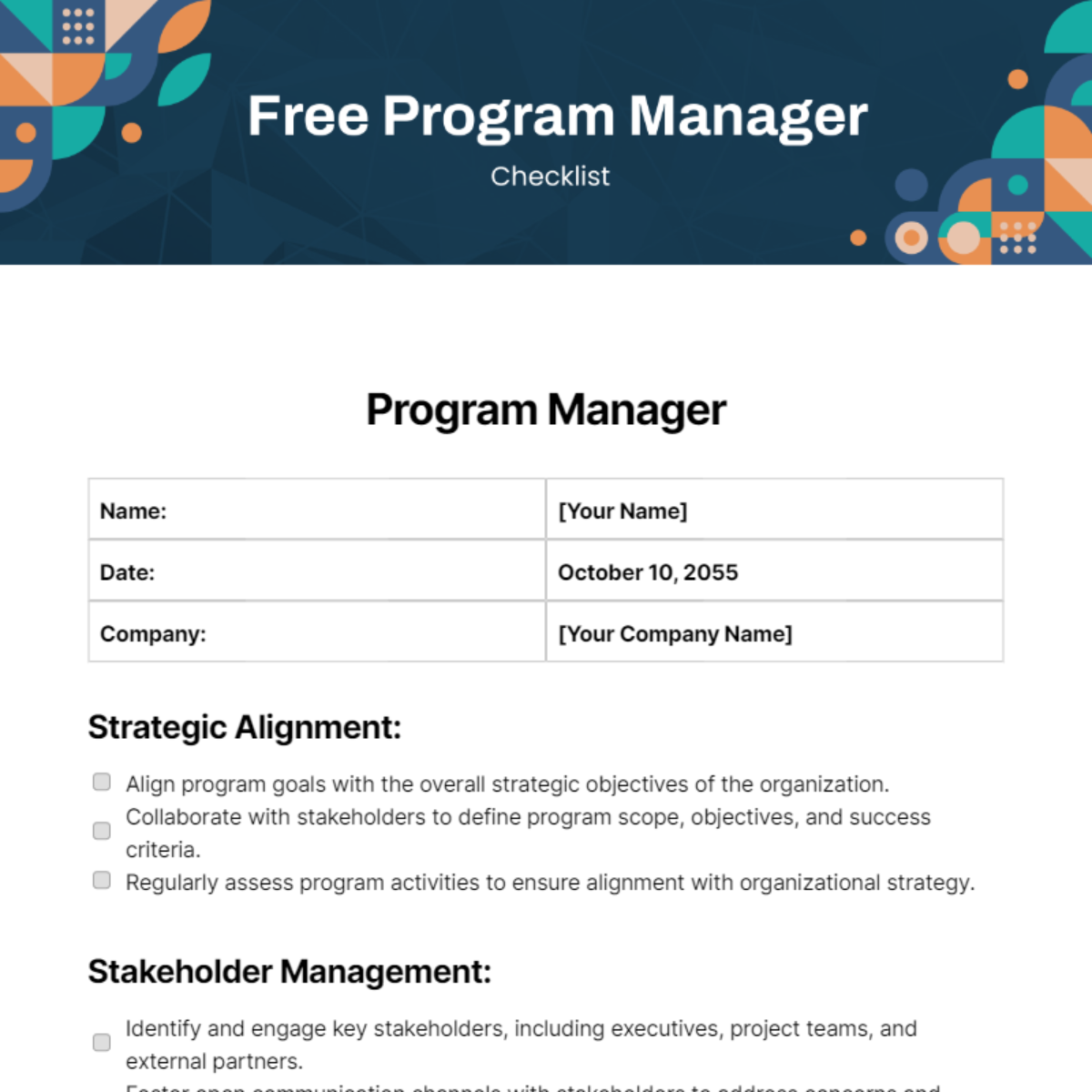 Program Manager Checklist Template