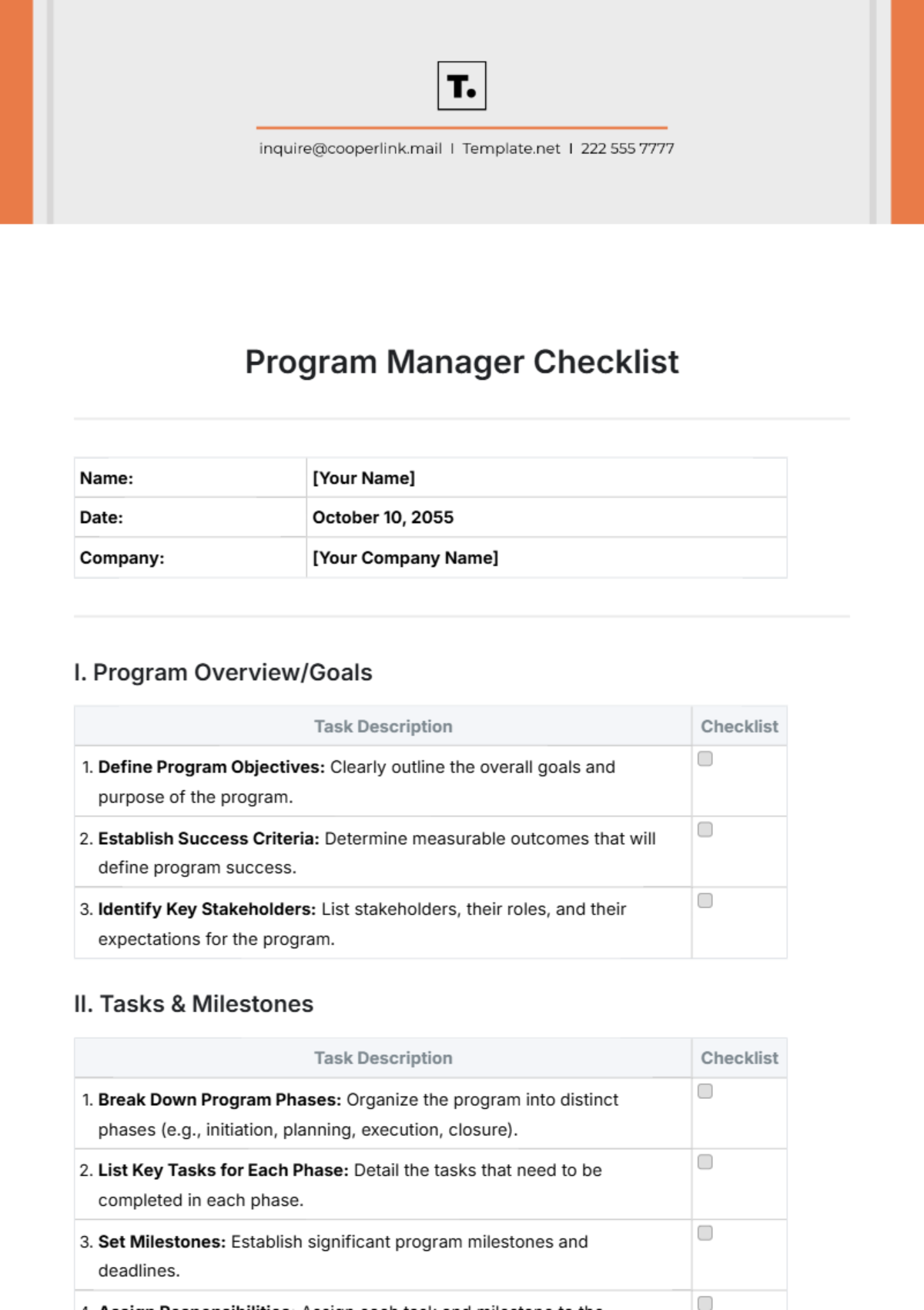 Program Manager Checklist Template - Edit Online & Download