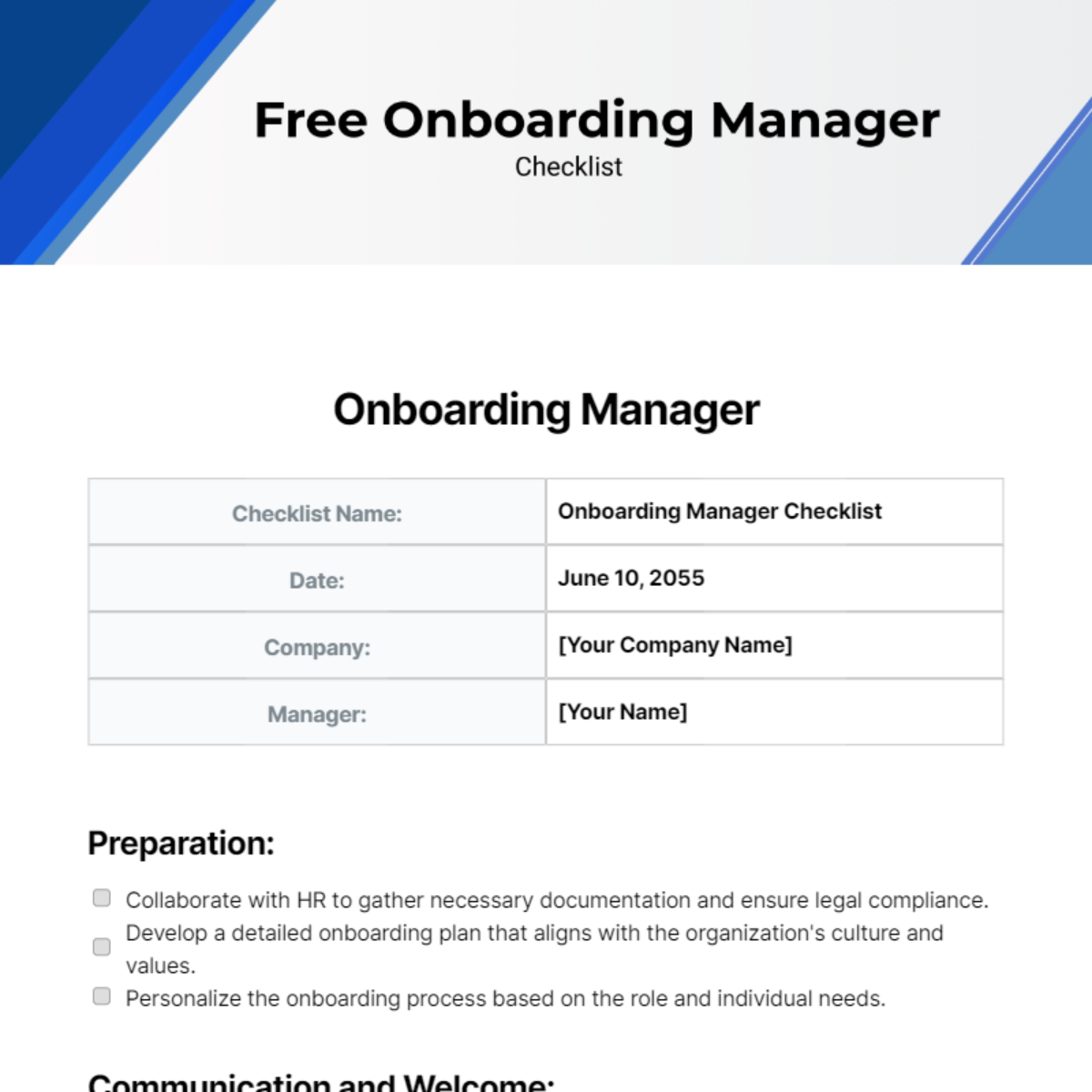 Onboarding Manager Checklist Template