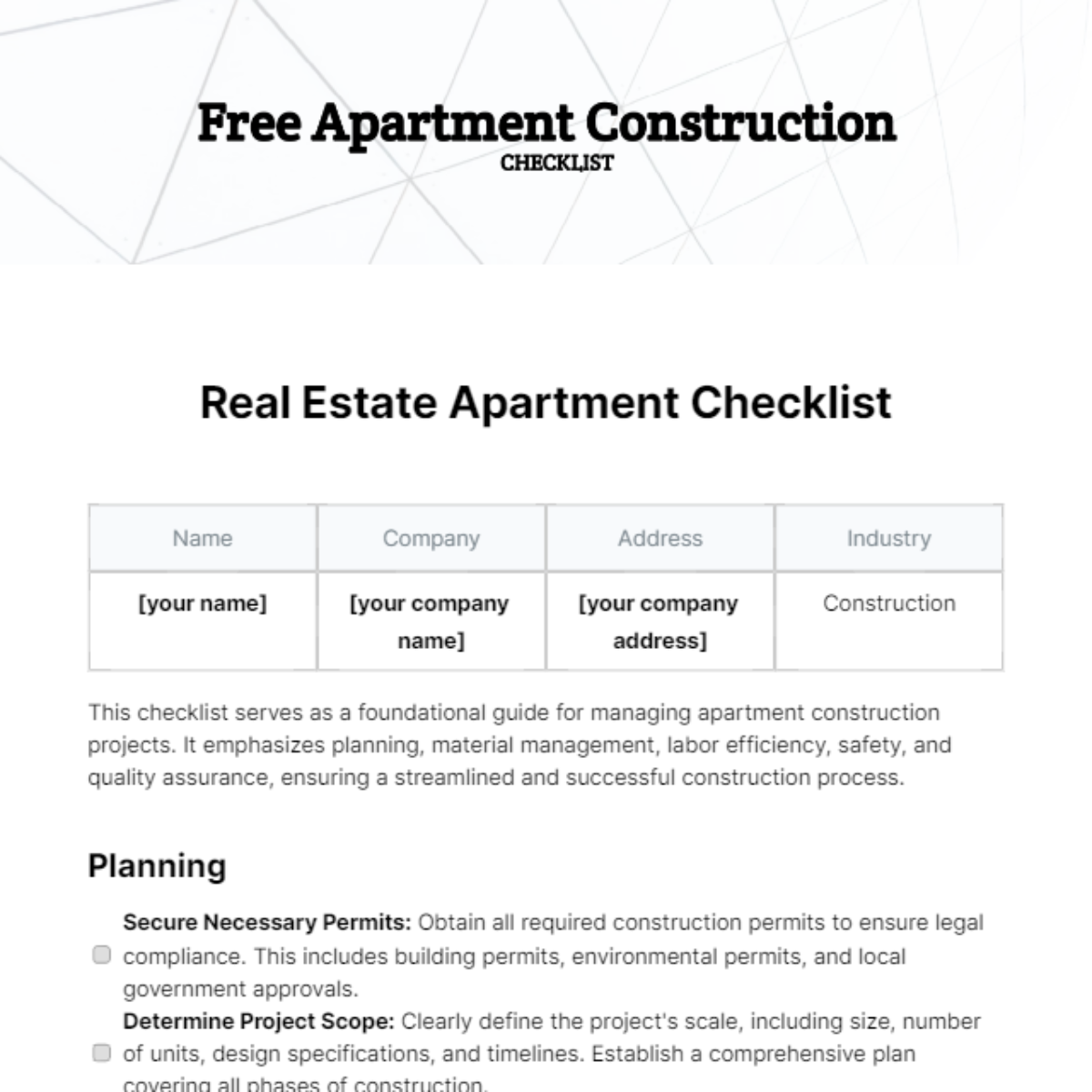 Apartment Construction Checklist Template