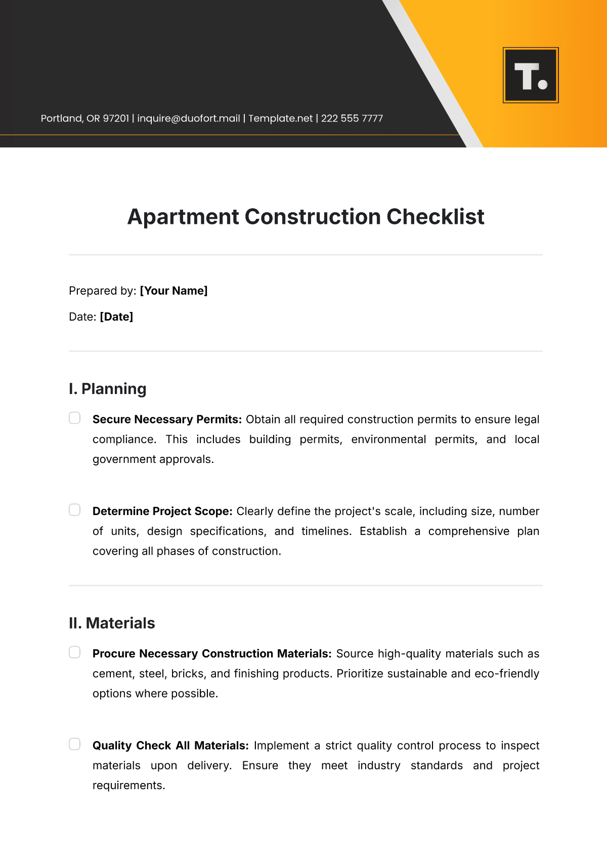 Apartment Construction Checklist Template - Edit Online & Download