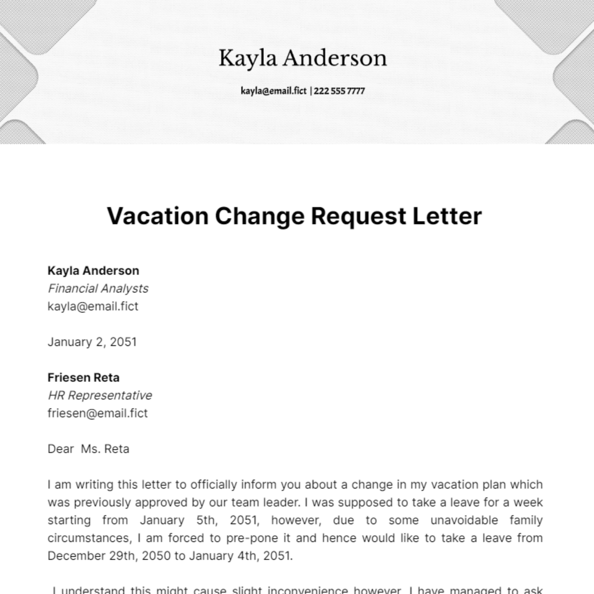 Vacation Change Request Letter Template