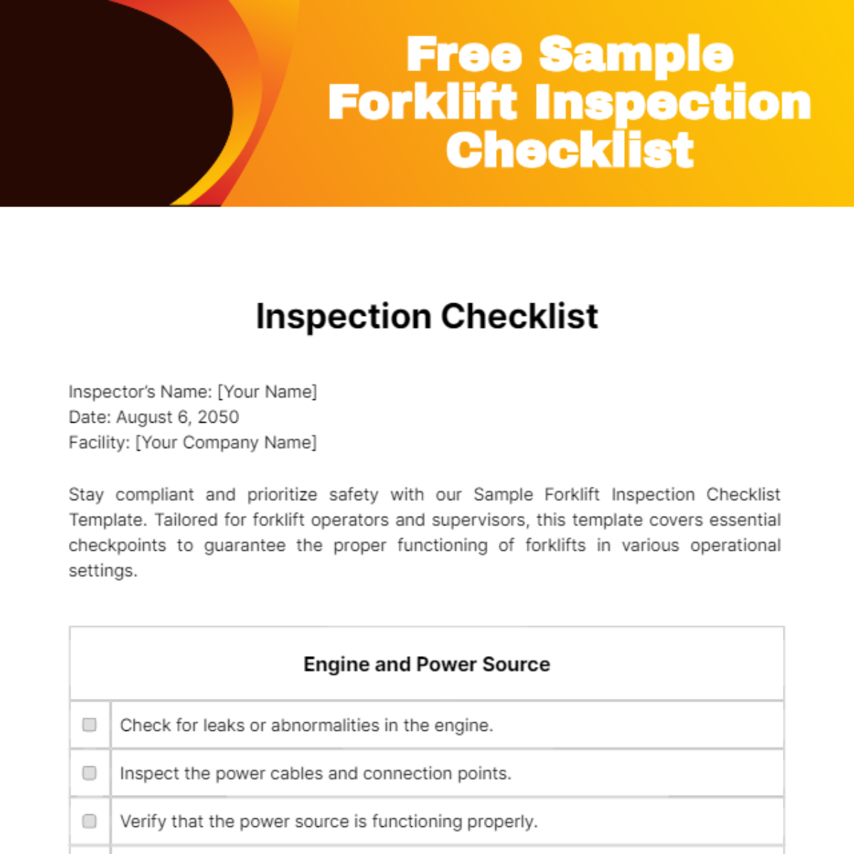 Sample Forklift Inspection Checklist Template