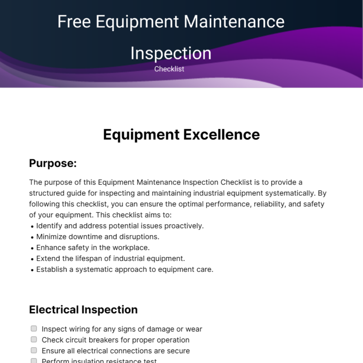 Equipment Maintenance Inspection Checklist Template