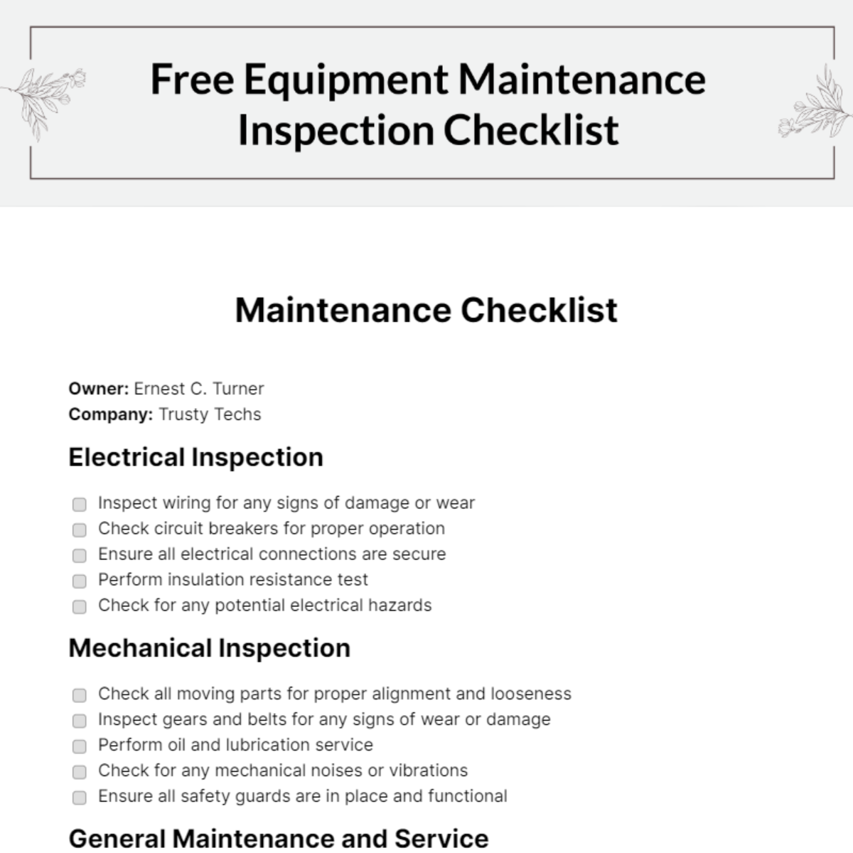 FREE Maintenance Checklist Edit Online & Download