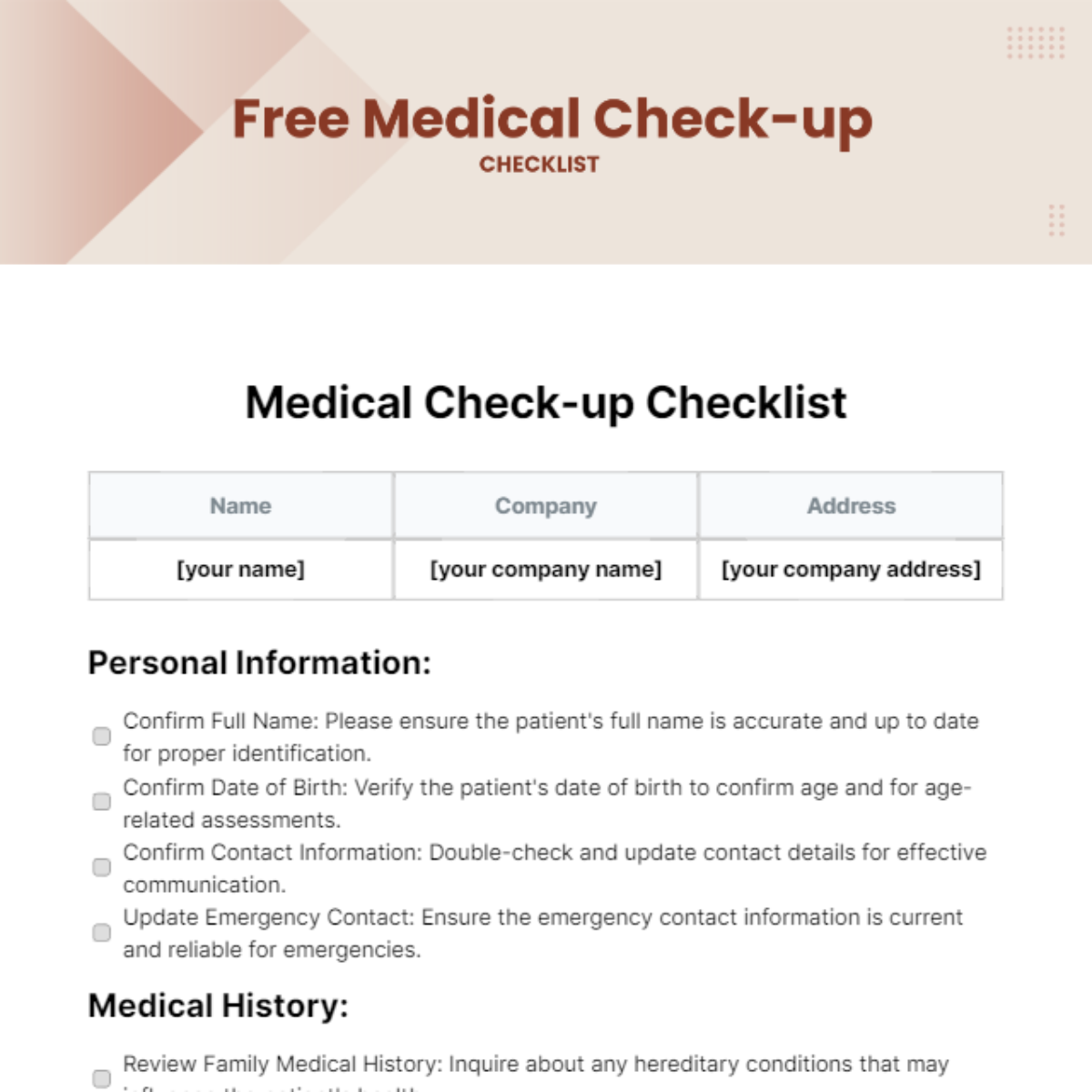Free Medical Check-up Checklist Template