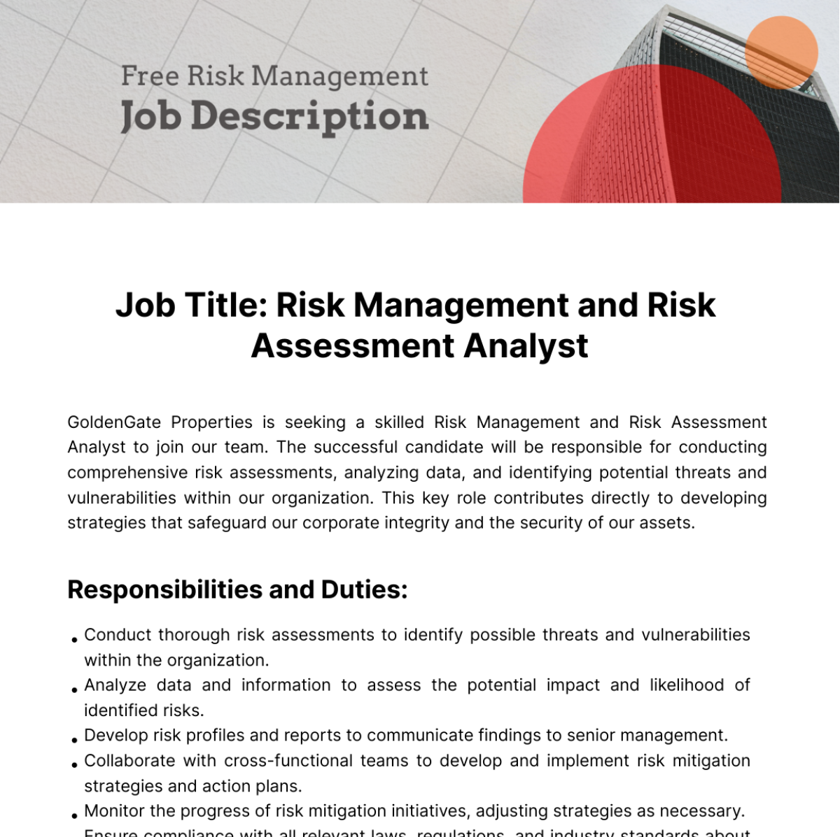 Risk Management Job Description Template