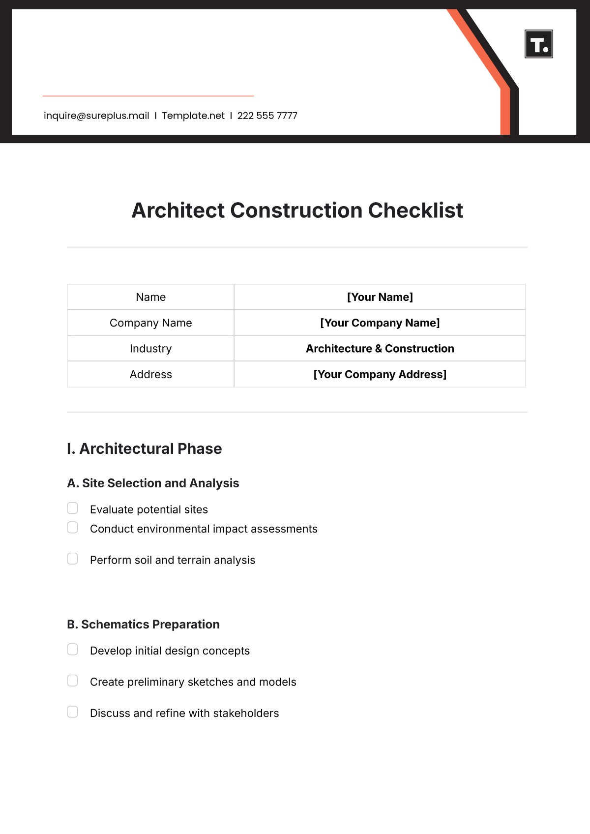 Architect Construction Checklist Template - Edit Online & Download