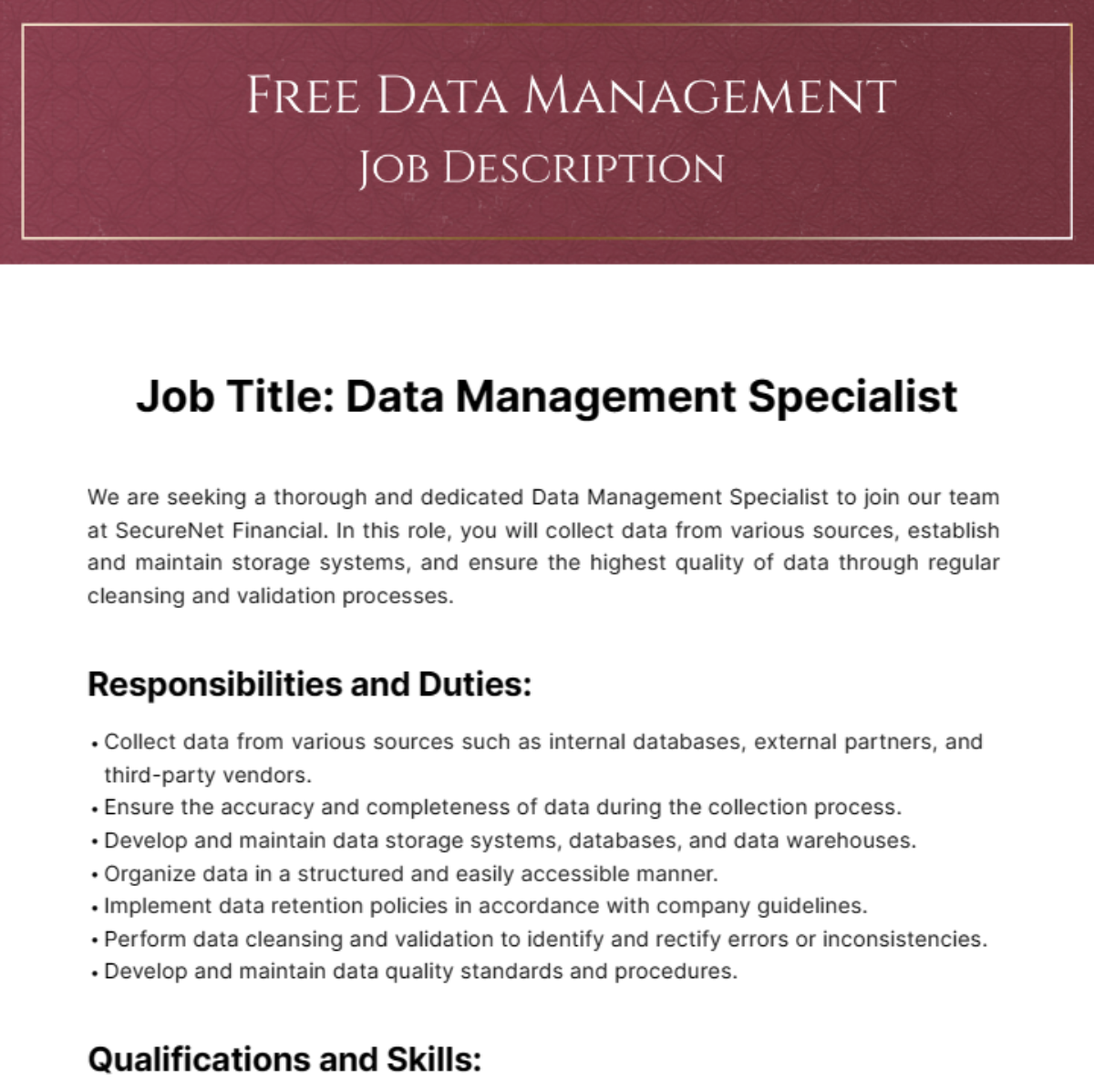 Data Management Job Description Template