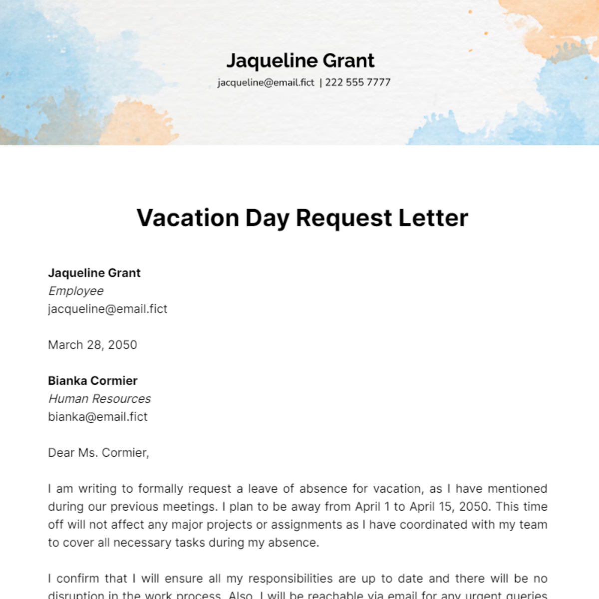 Vacation Day Request Letter Template