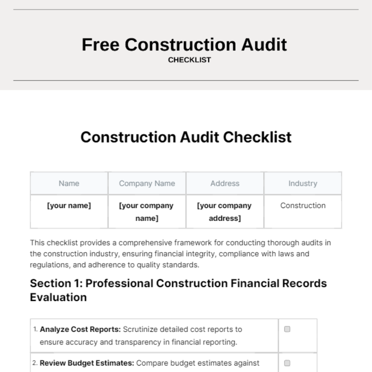 Construction Audit Checklist Template