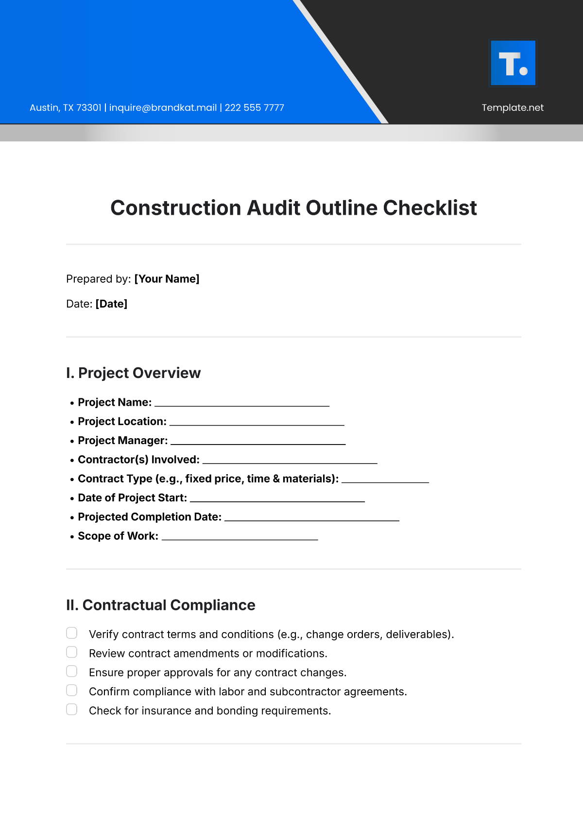 Construction Audit Outline Checklist Template - Edit Online & Download