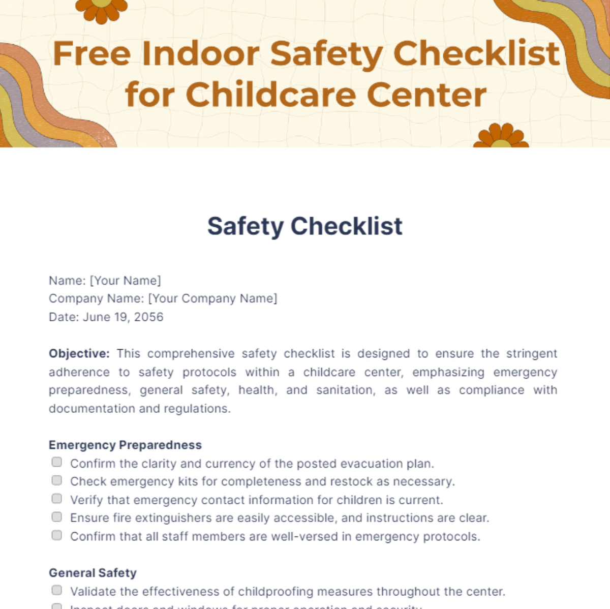 Free Indoor Safety Checklist for Childcare Center Template