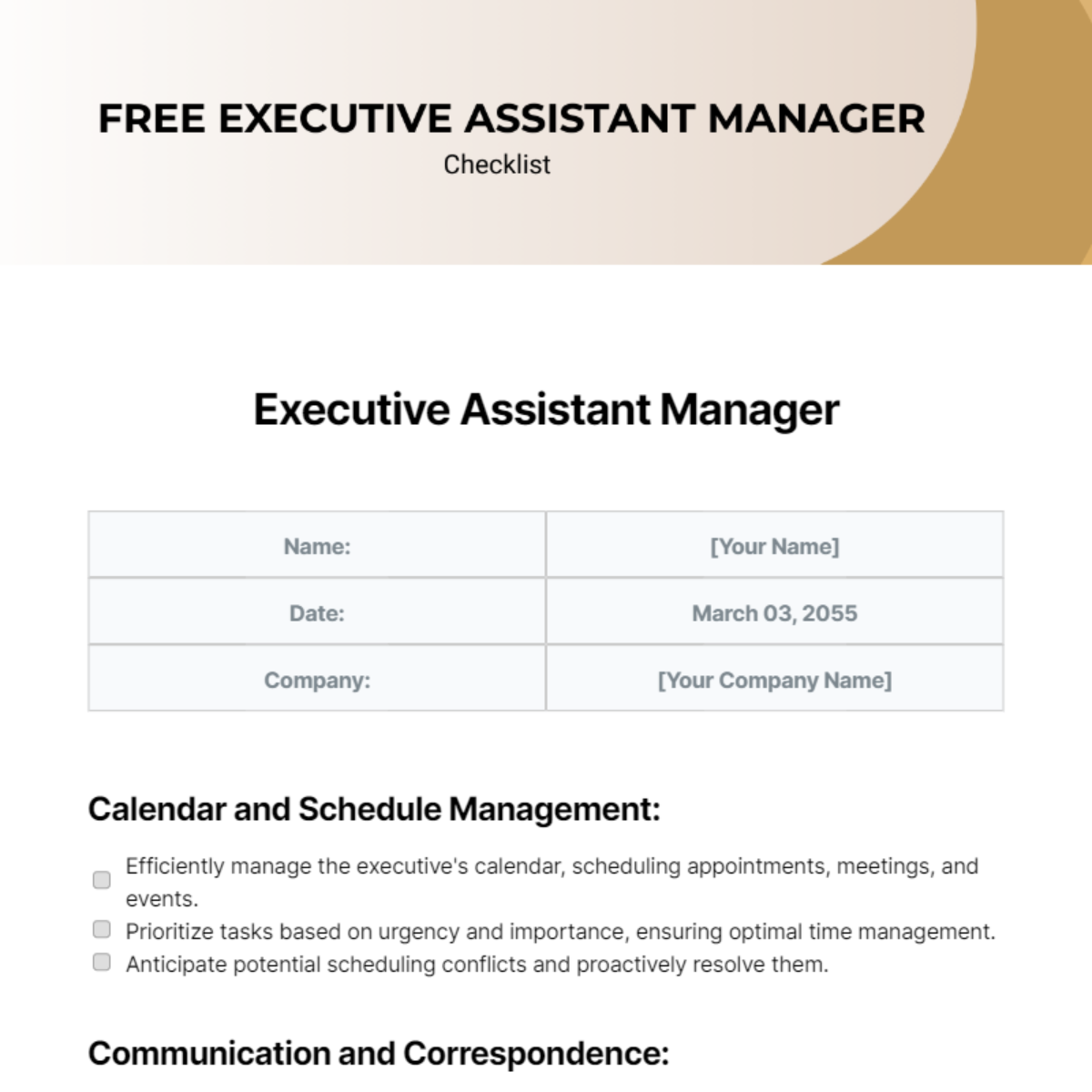 Executive Assistant Manager Checklist Template