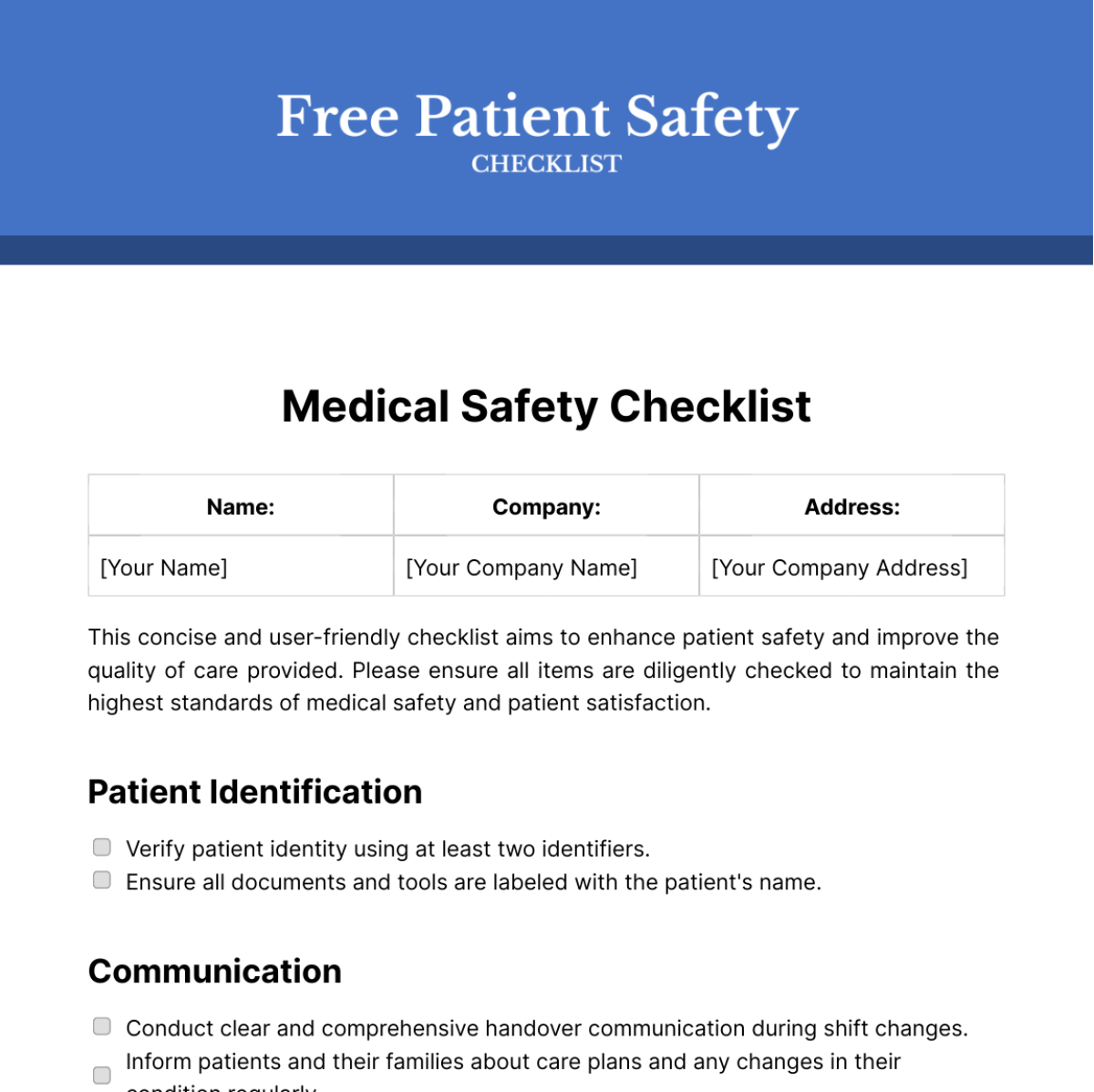 Free Patient Safety Checklist Template