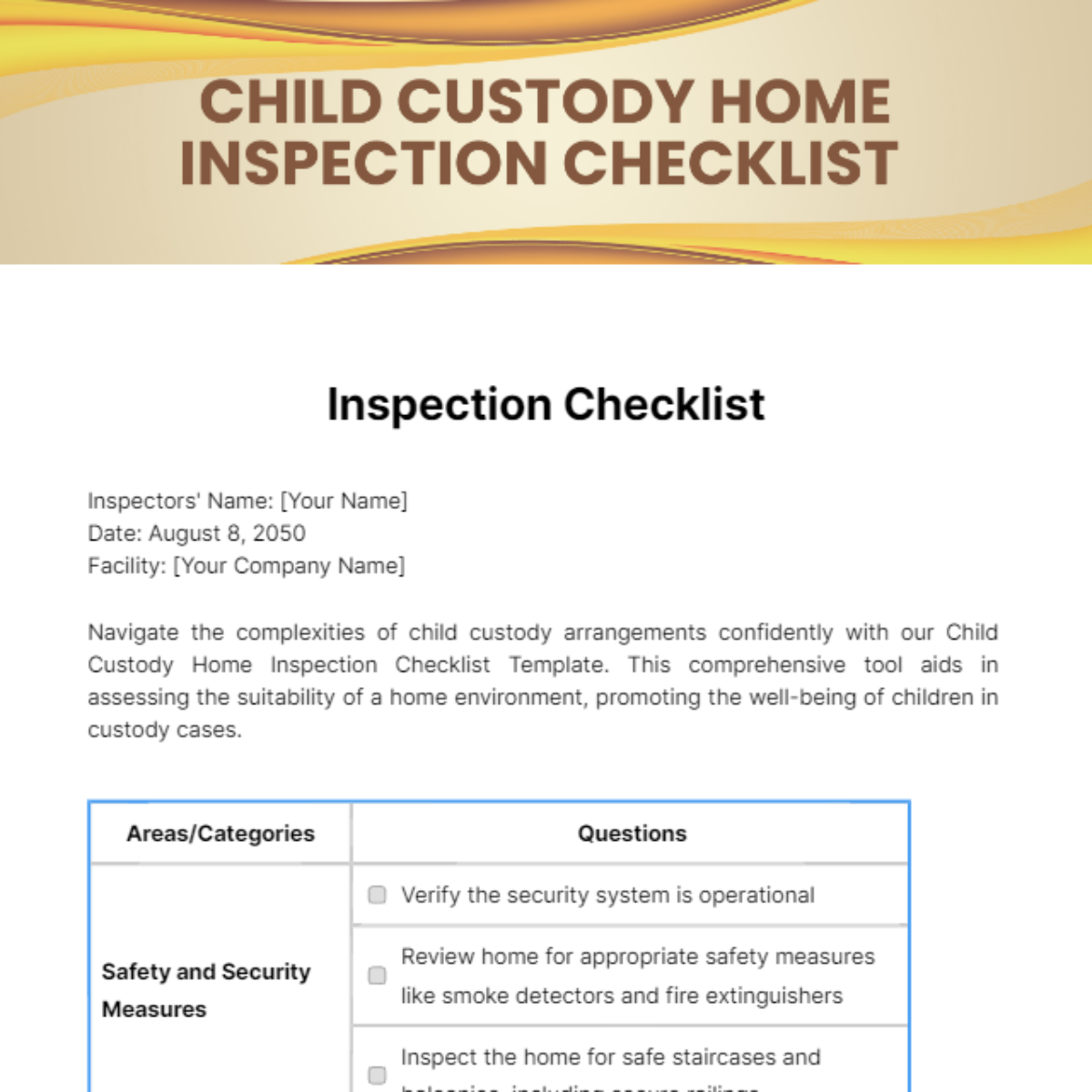 Child Custody Home Inspection Checklist Template