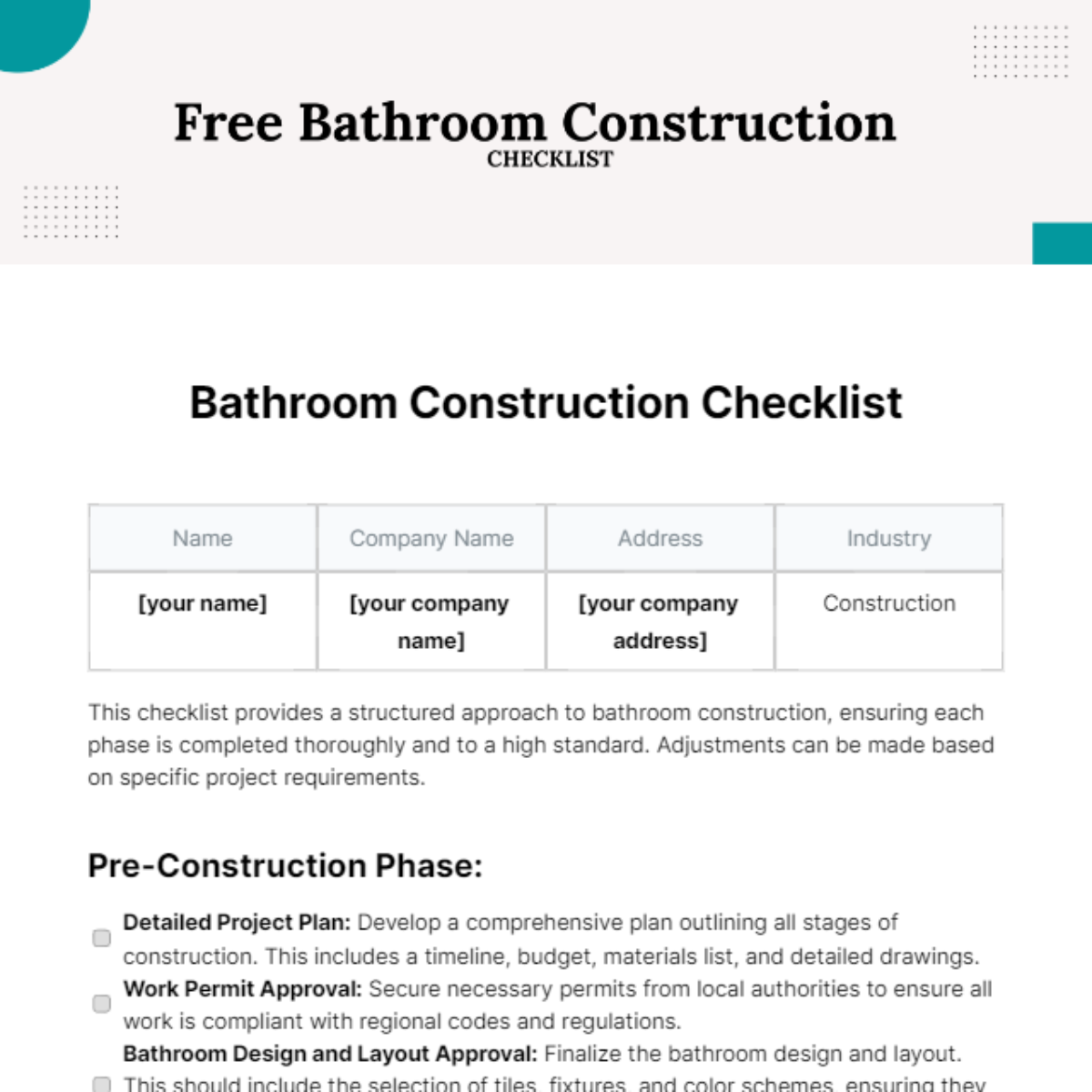 Bathroom Construction Checklist Template