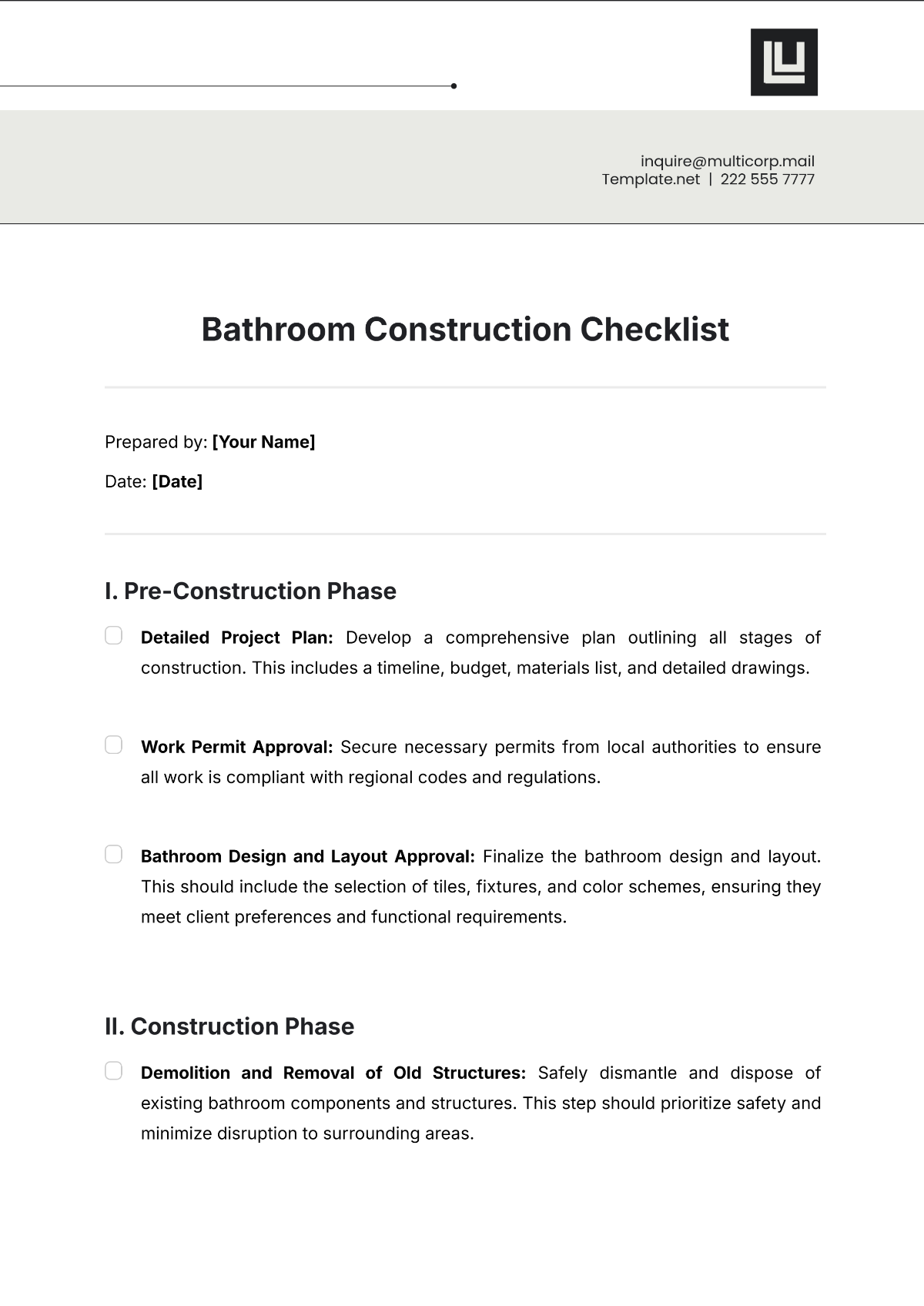 Bathroom Construction Checklist Template - Edit Online & Download