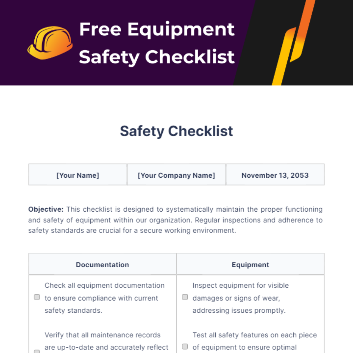 Equipment Safety Checklist Template