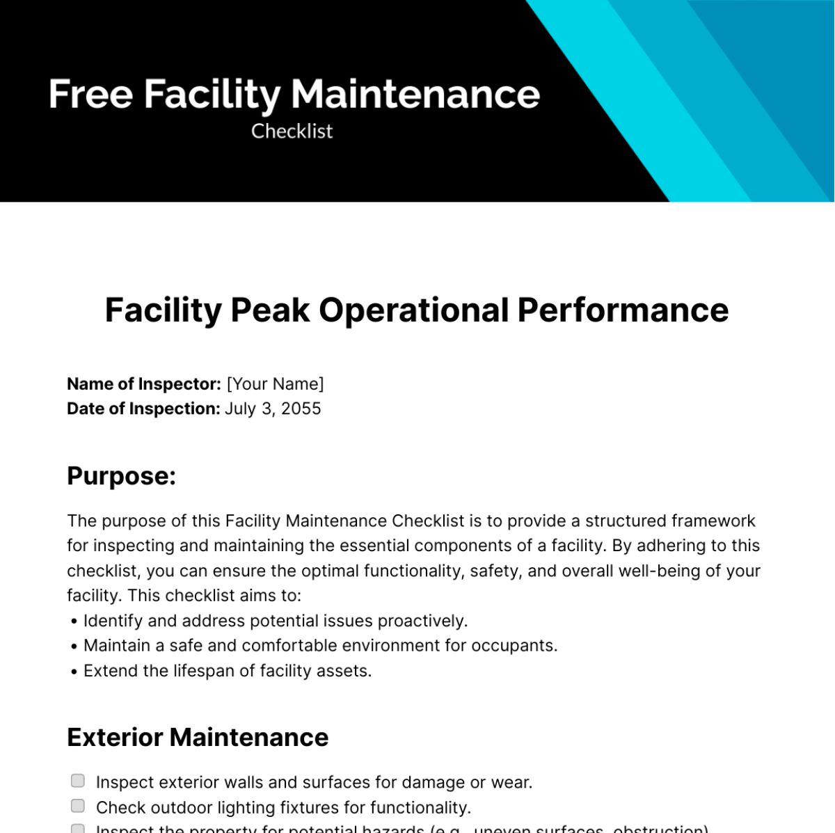 Free Facility Maintenance Checklist Template