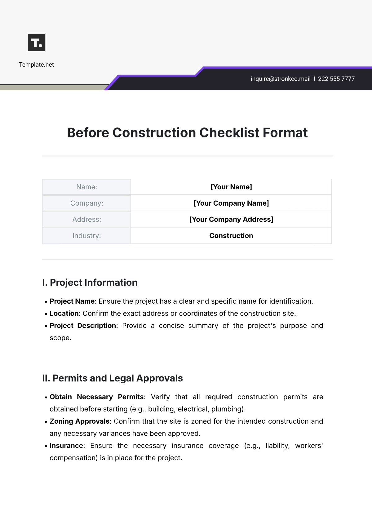 Before Construction Checklist Format Template - Edit Online & Download