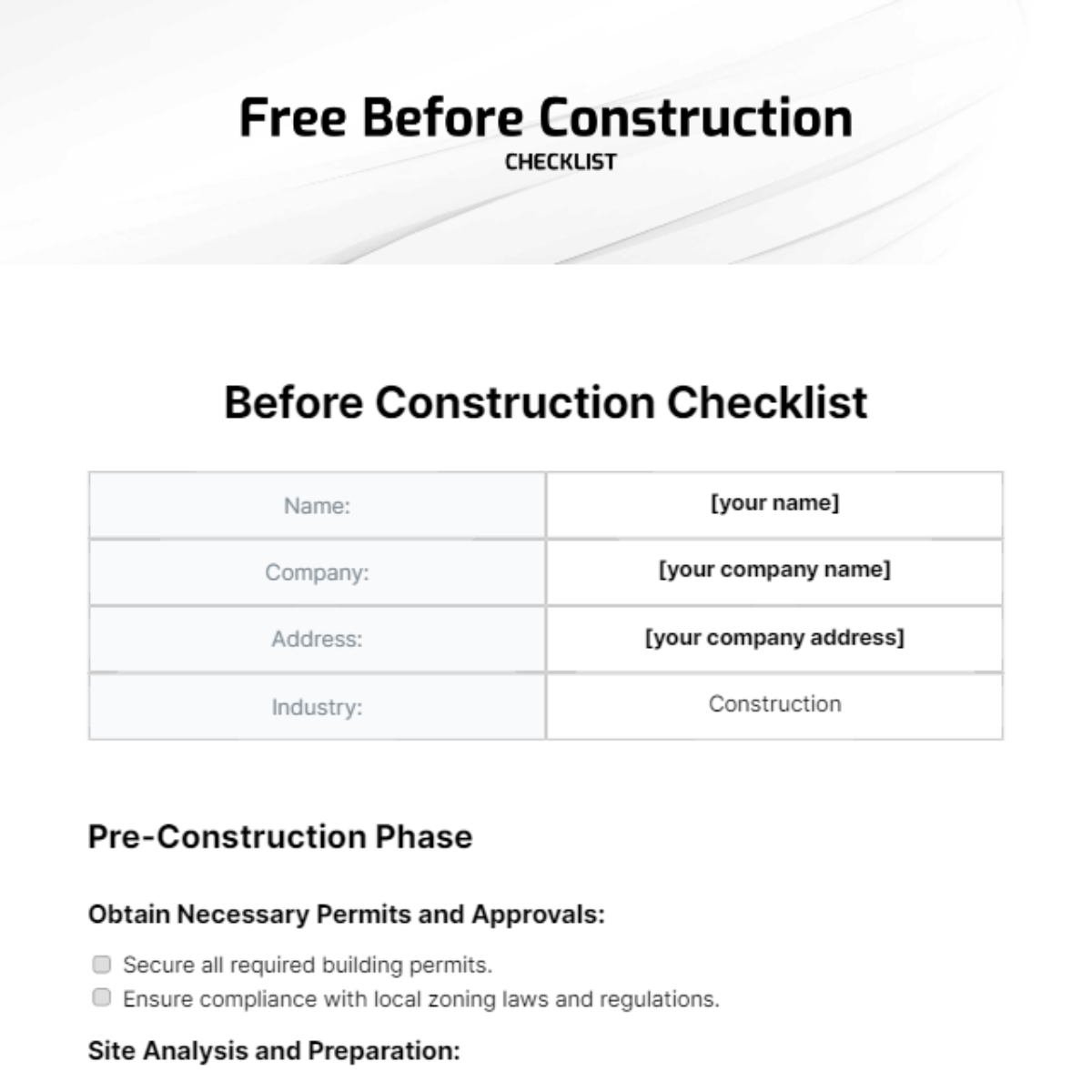 Before Construction Checklist Template