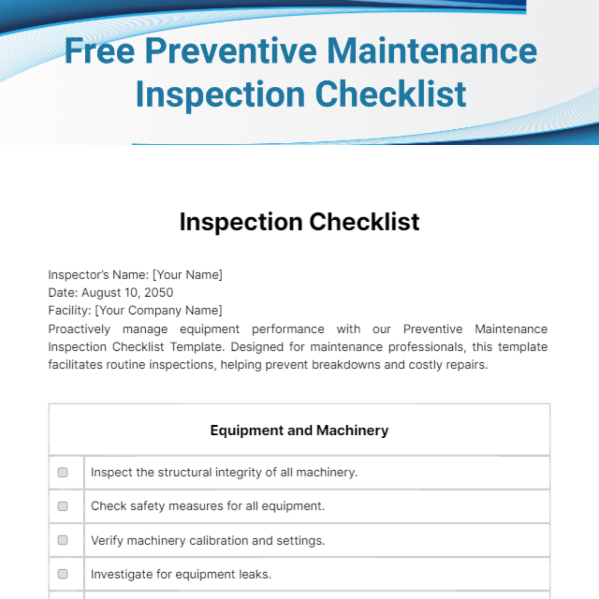 Preventive Maintenance Inspection Checklist Template