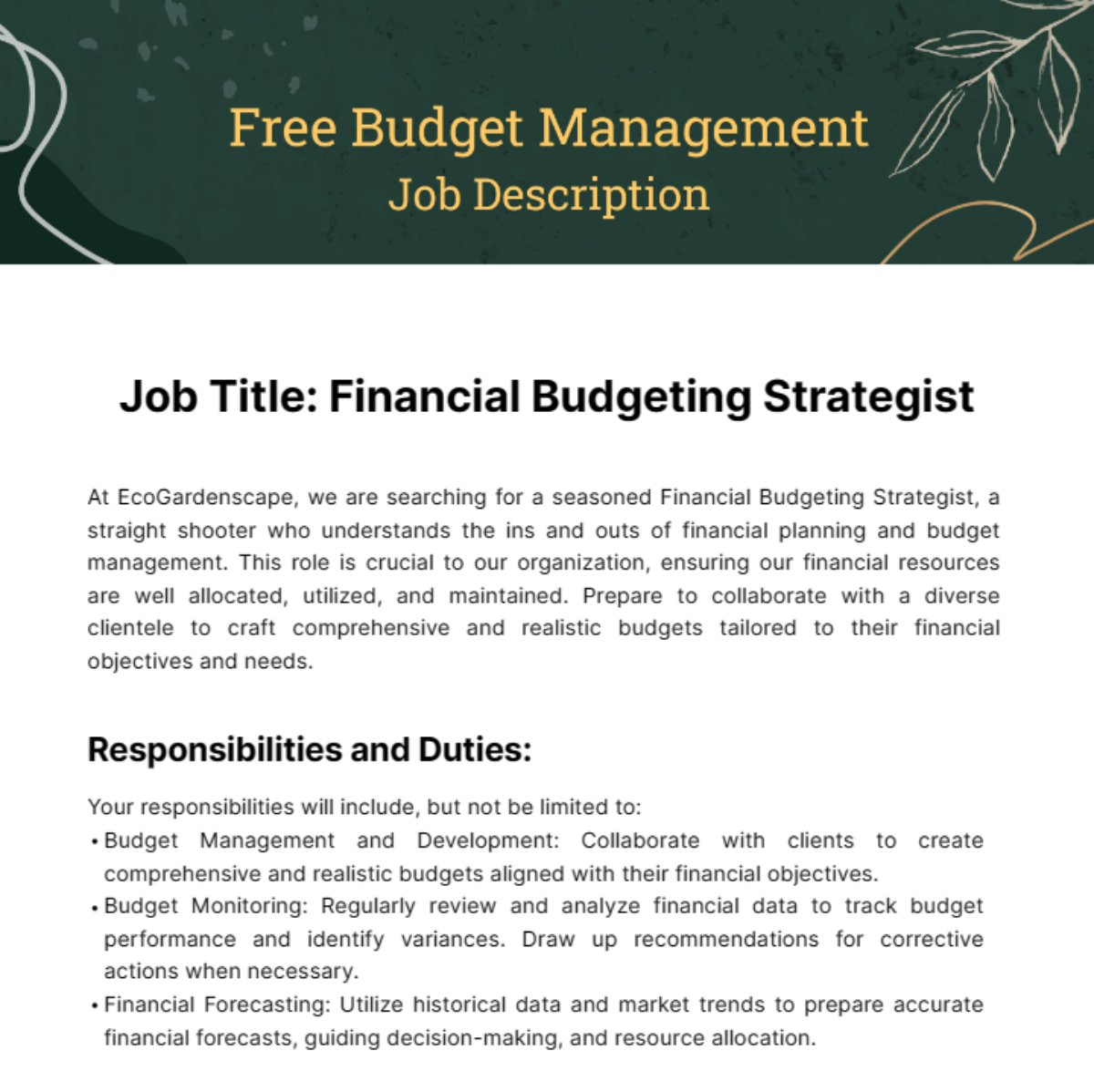 Budget Management Job Description Template