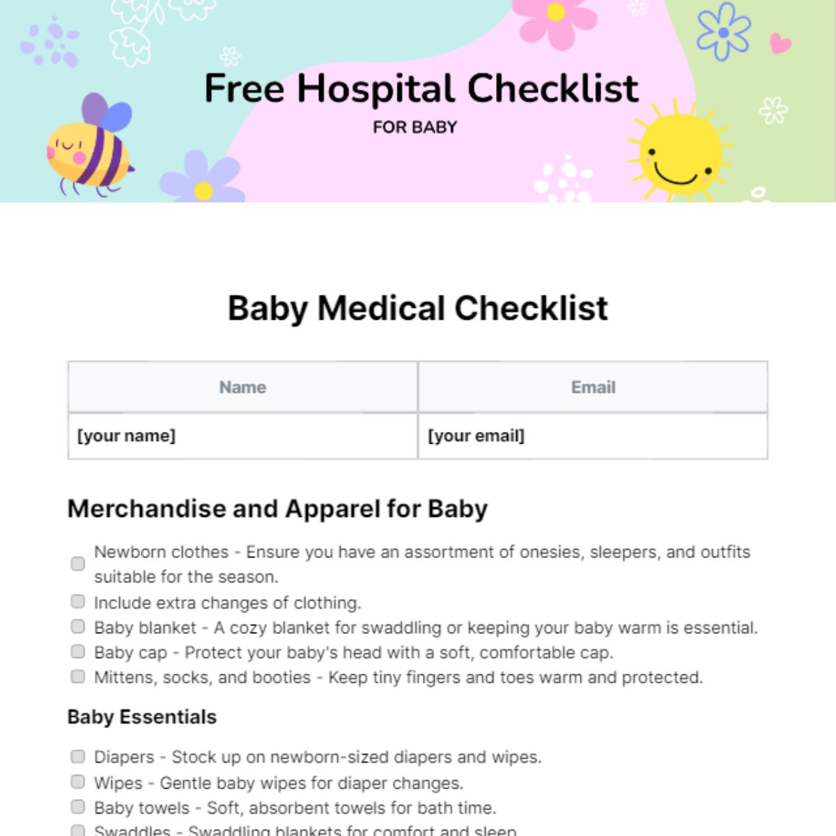 Hospital Checklist for Baby Template