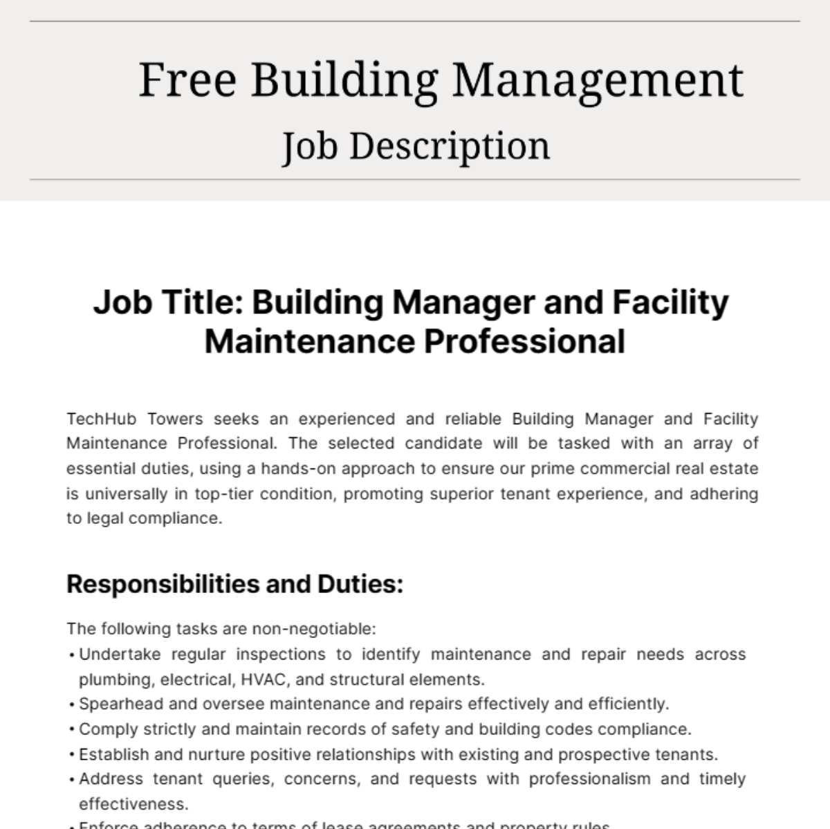 Free Building Management Job Description Template
