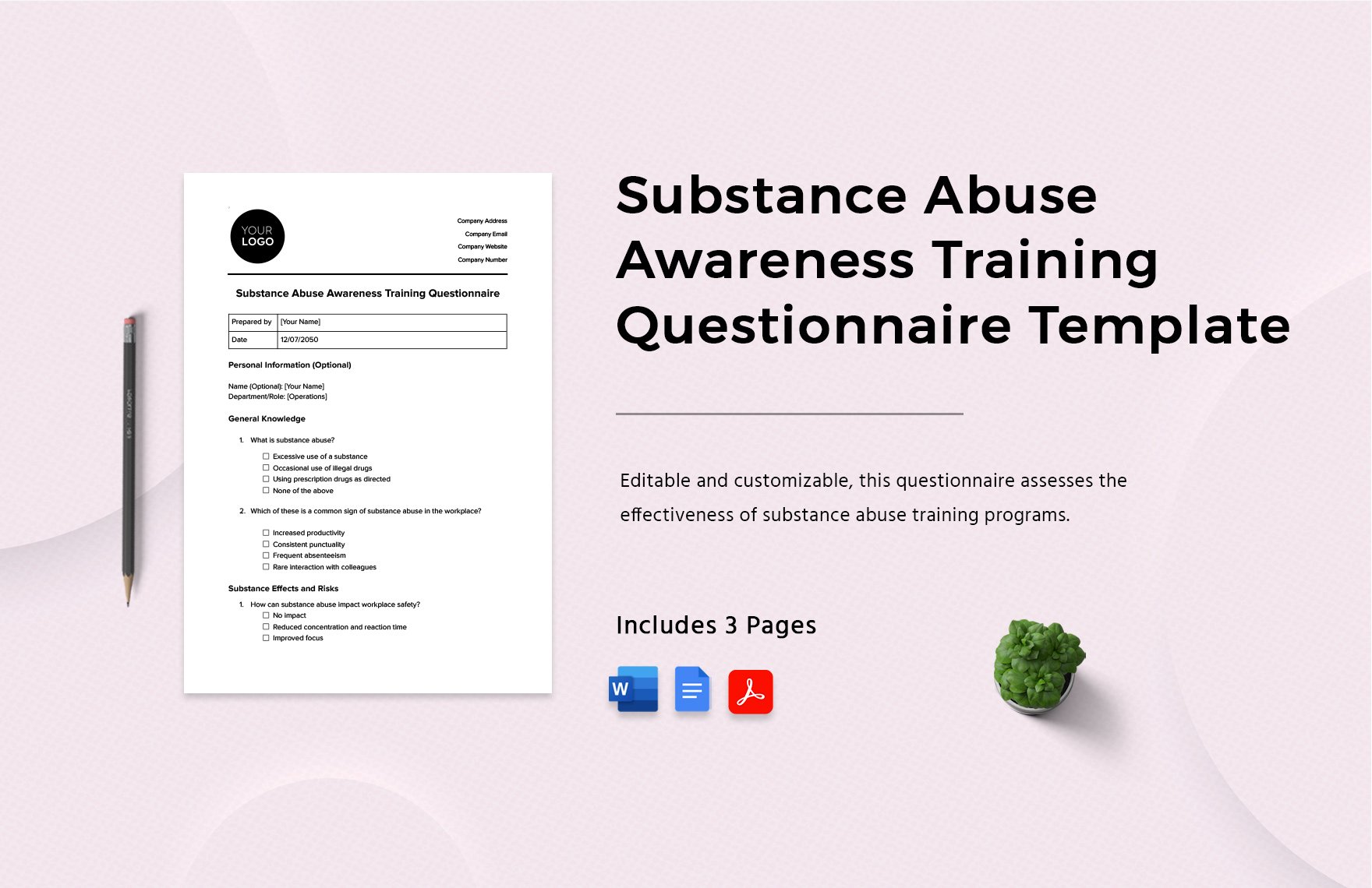 Substance Abuse Awareness Training Questionnaire Template in Word, Google Docs, PDF