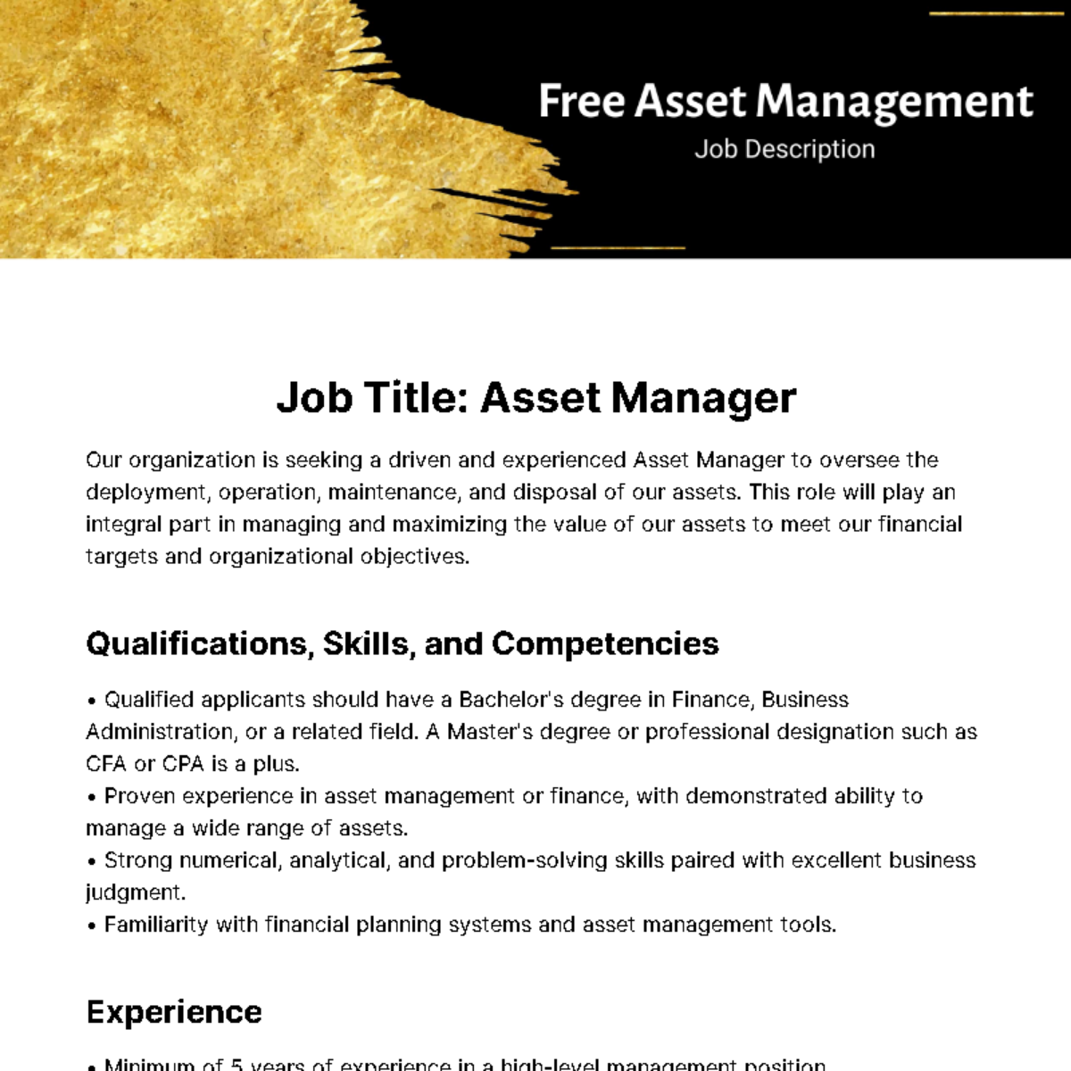 Asset Management Job Description Template