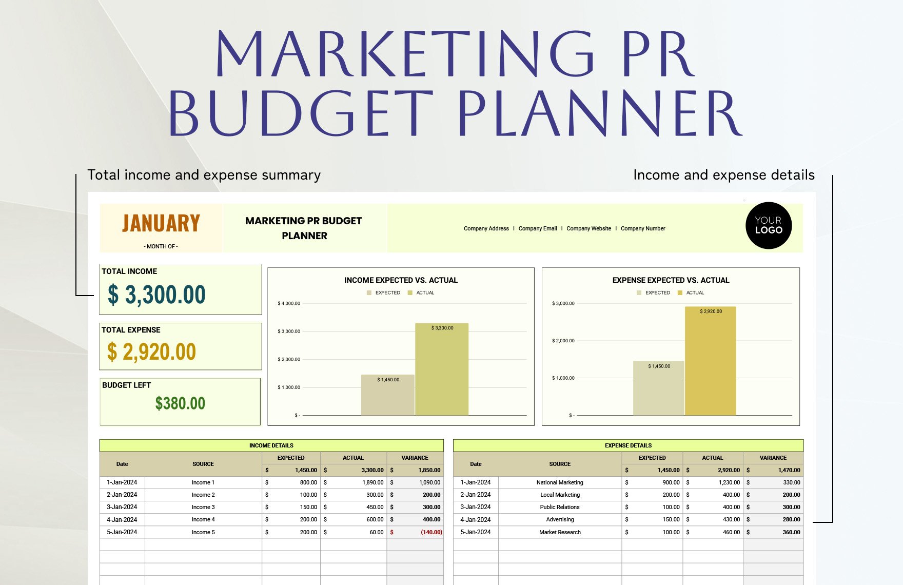 Marketing PR Budget Planner Template