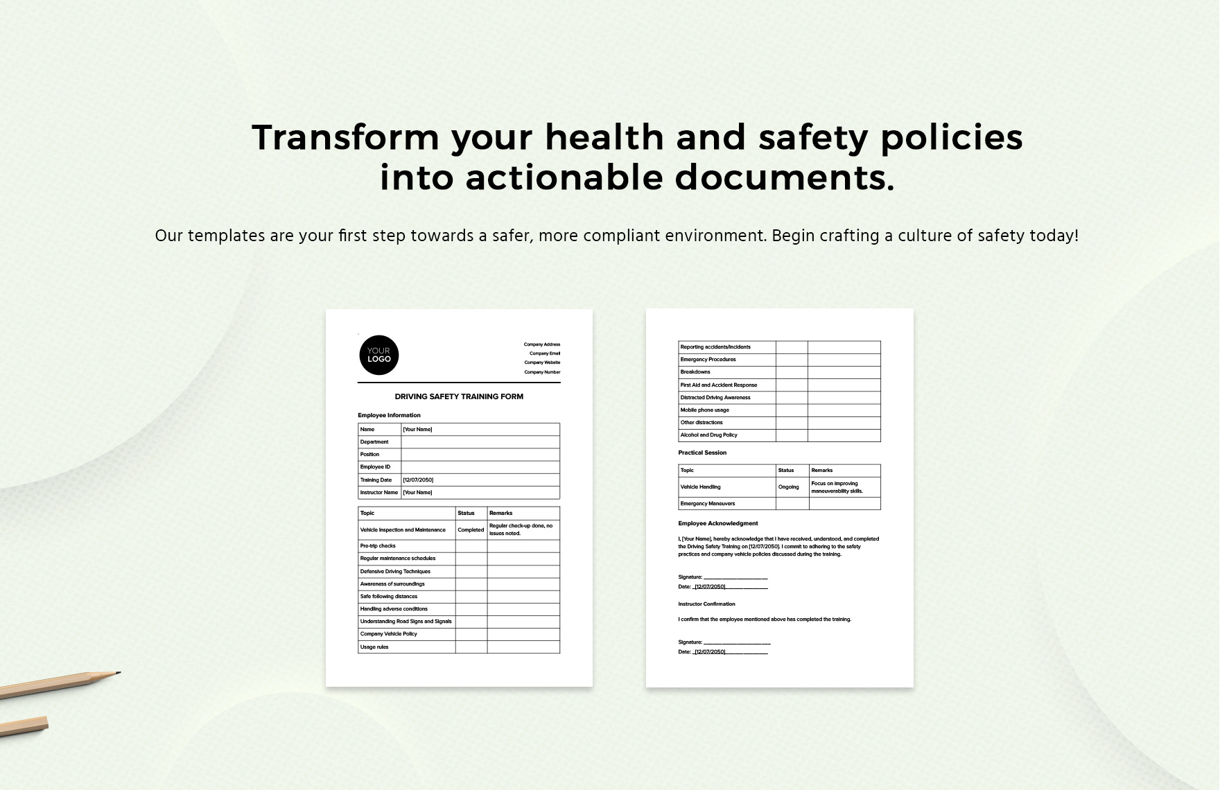 Driving Safety Training Form Template