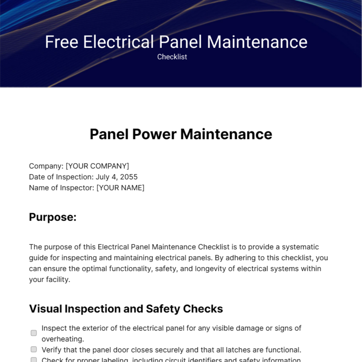 Free Electrical Panel Maintenance Checklist Template
