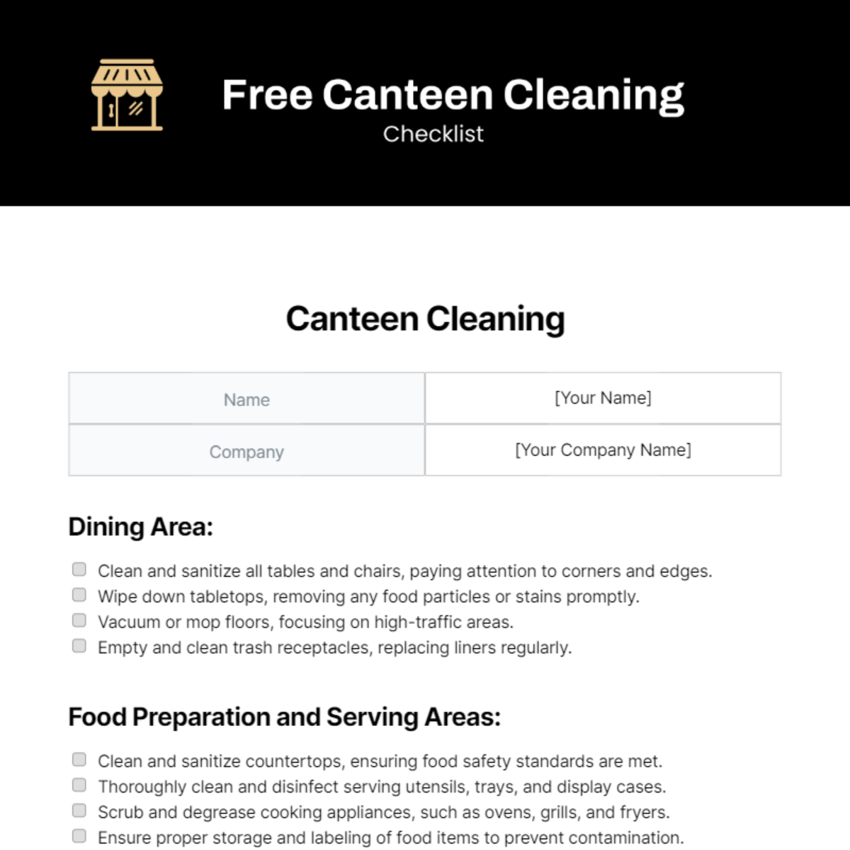 Canteen Cleaning Checklist Template
