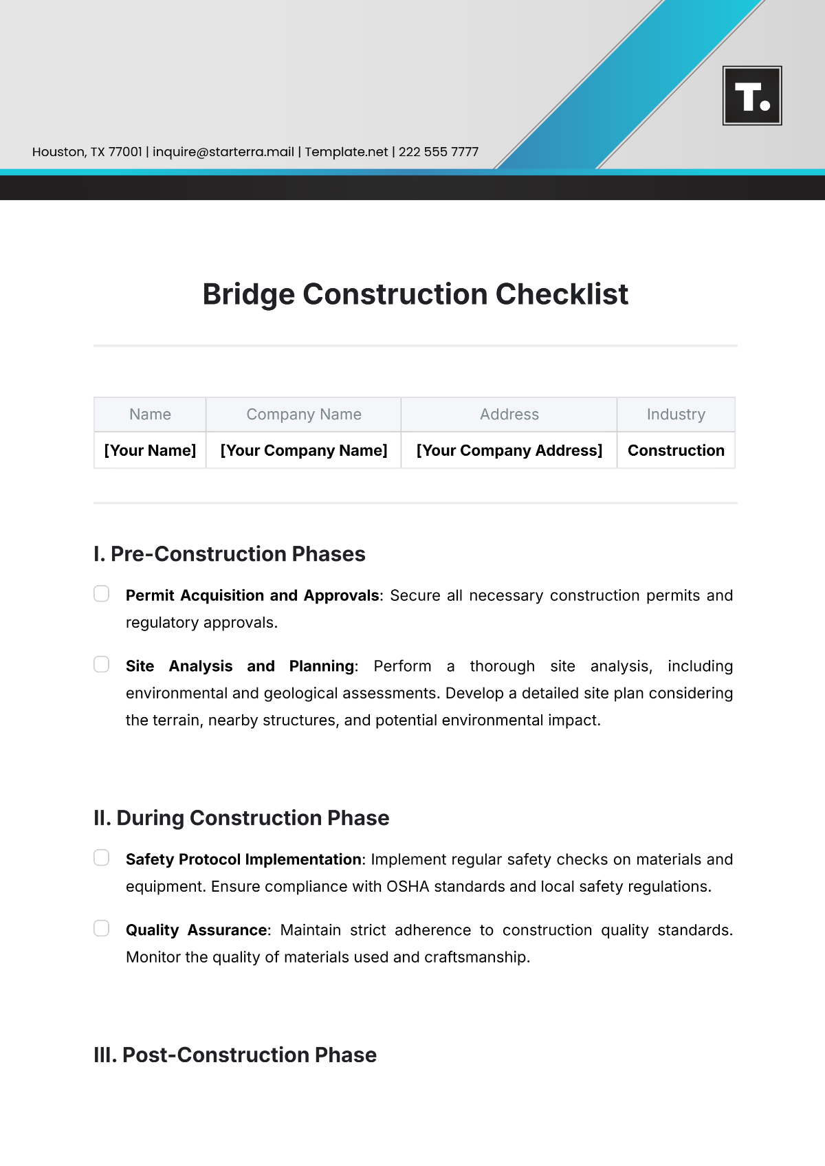 Bridge Construction Checklist Template - Edit Online & Download