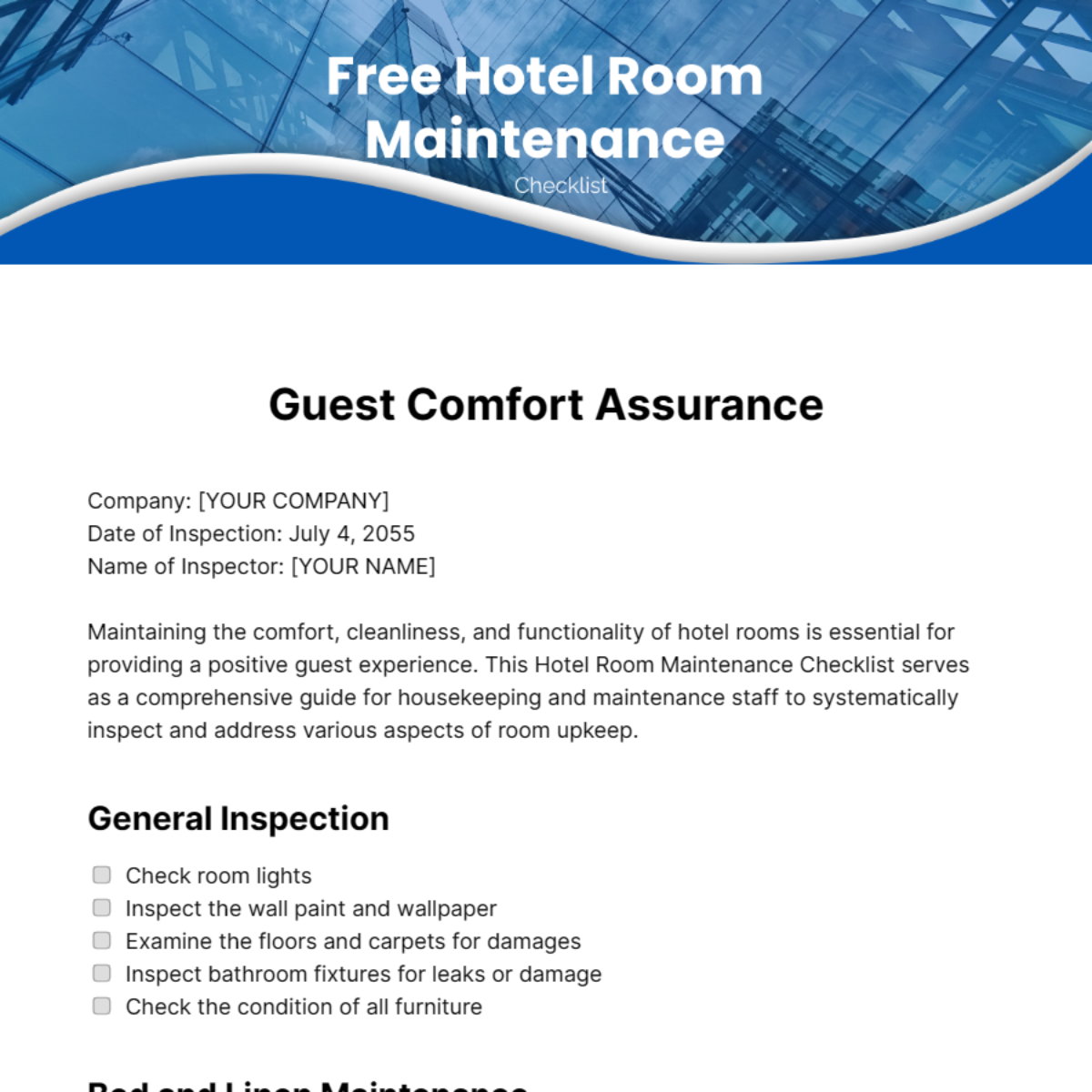 Free Hotel Room Maintenance Checklist Template