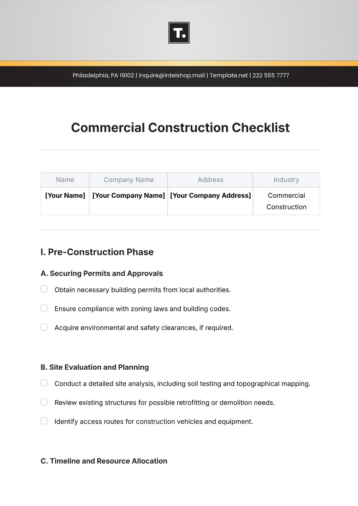 Commercial Construction Checklist Template - Edit Online & Download