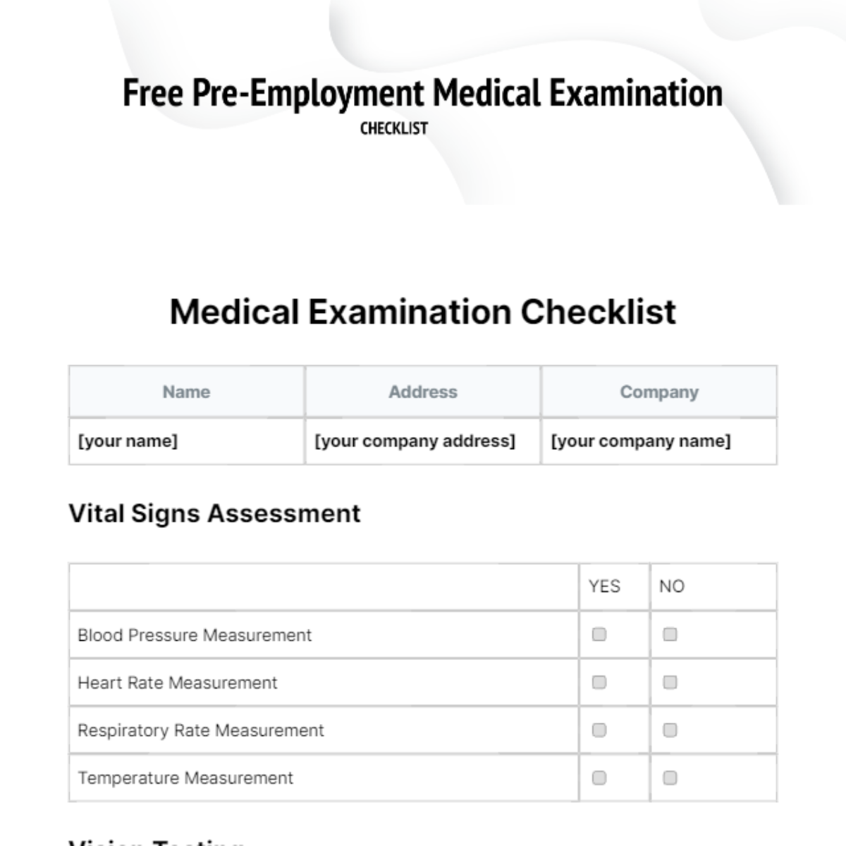 Free Pre-Employment Medical Examination Checklist Template